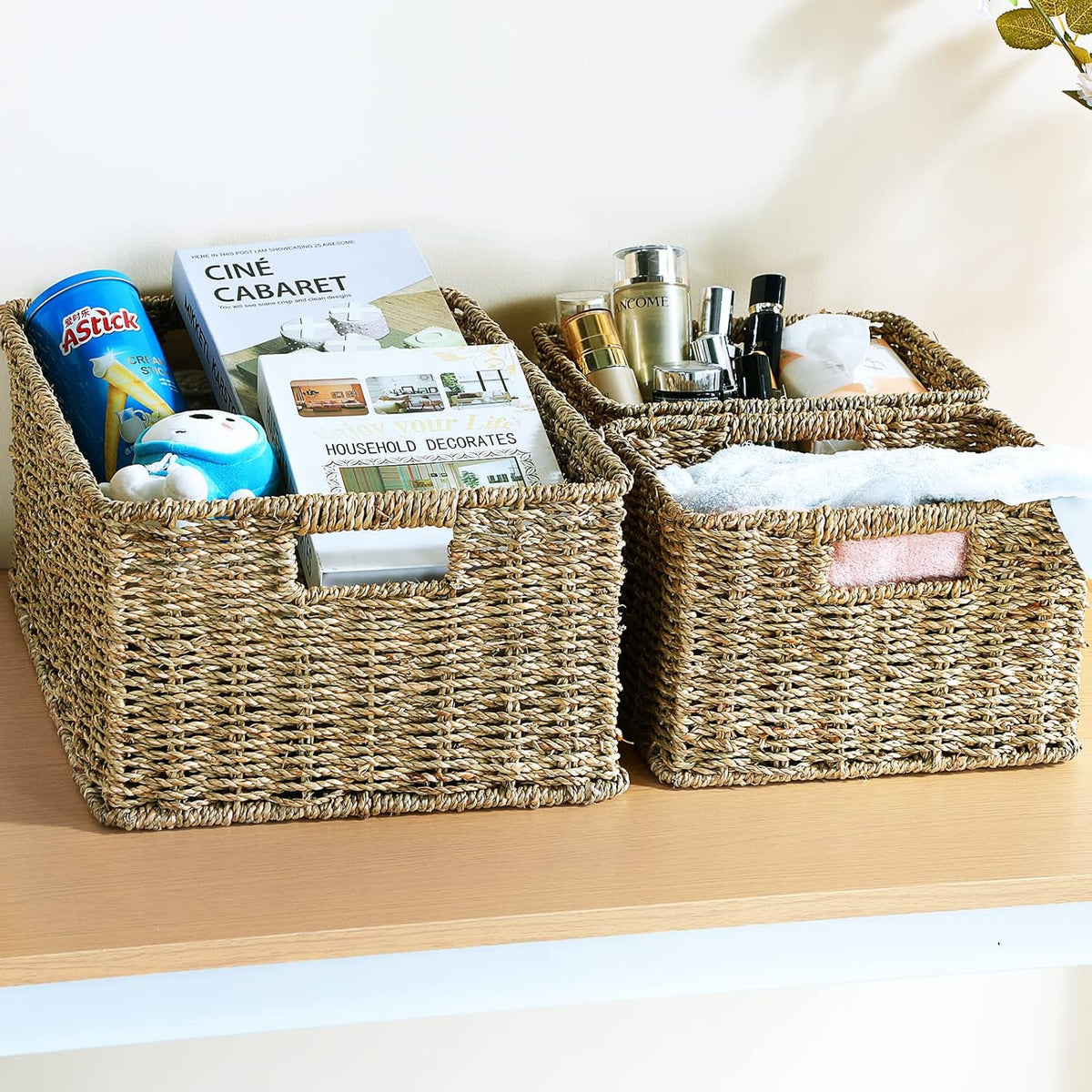 HOONEX Large Wicker Baskets for Storage, Seagrass Baskets with Dual Handles, Woven Baskets for