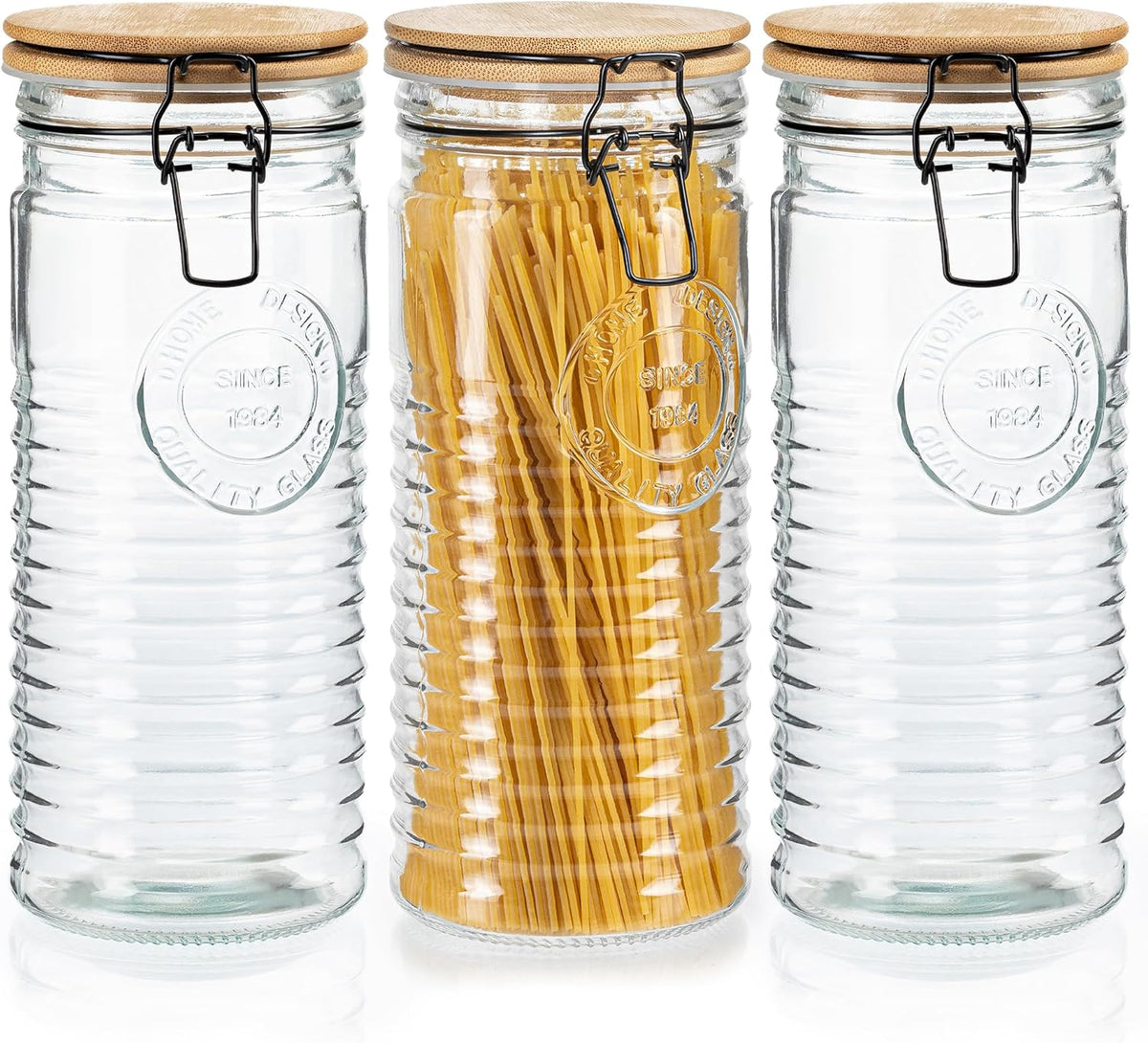 kitchentoolz Glass Storage Canister with Airtight Clasp Lids - Set of 3 Mason Jar Storage