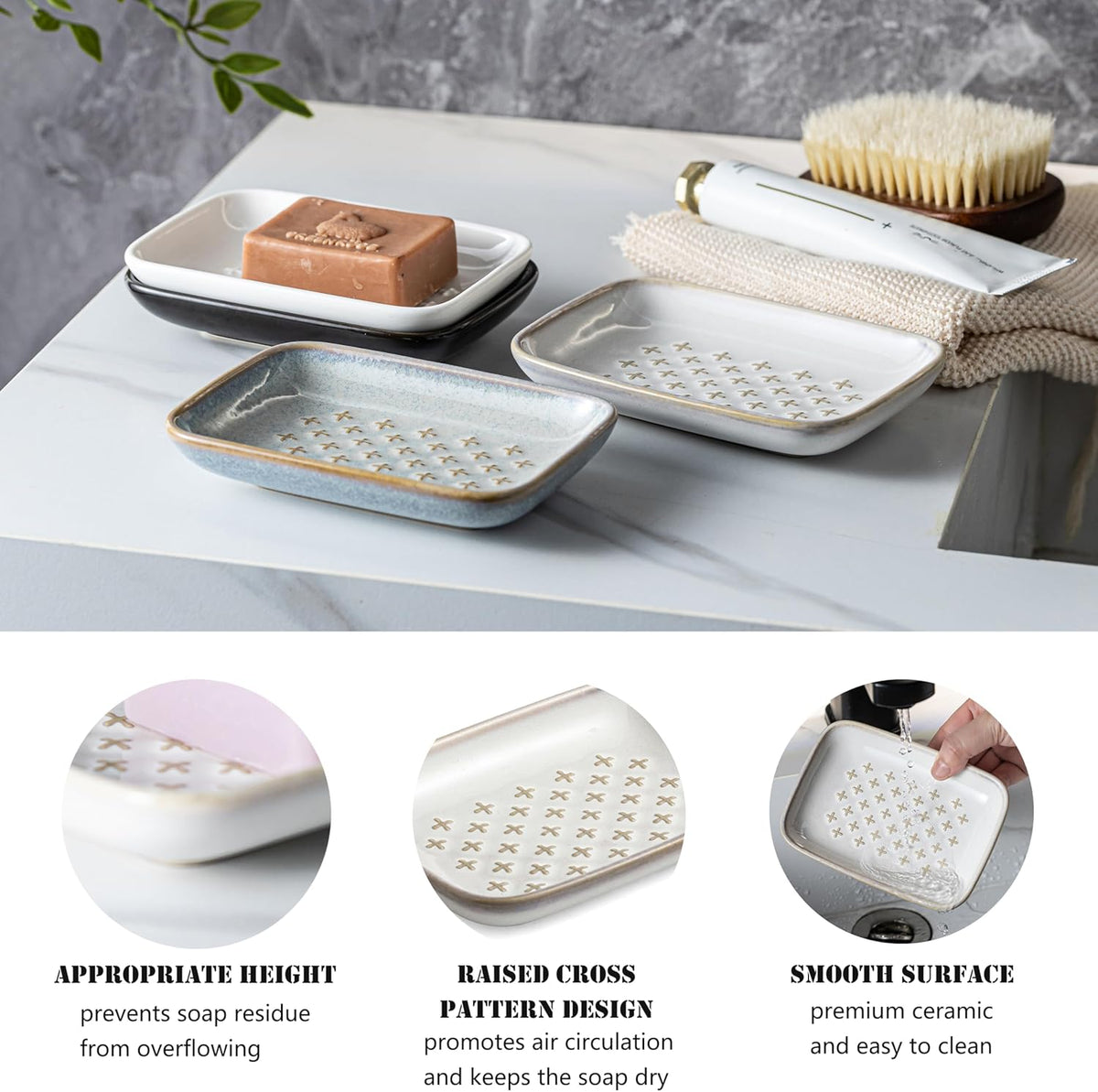 Gomakren Soap Dish, Shower Soap Holder, Ceramic Soap Dishes for Bar Soap Sponge Shampoo, Soap Saver