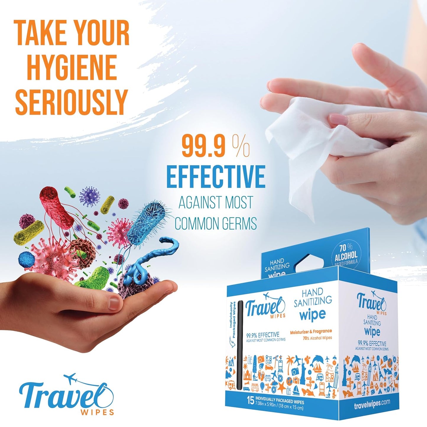 Hand Sanitizing Travel Wipes – 15ct Individually Wrapped | Fresh Citrus Scent, Moisturizing, 70%