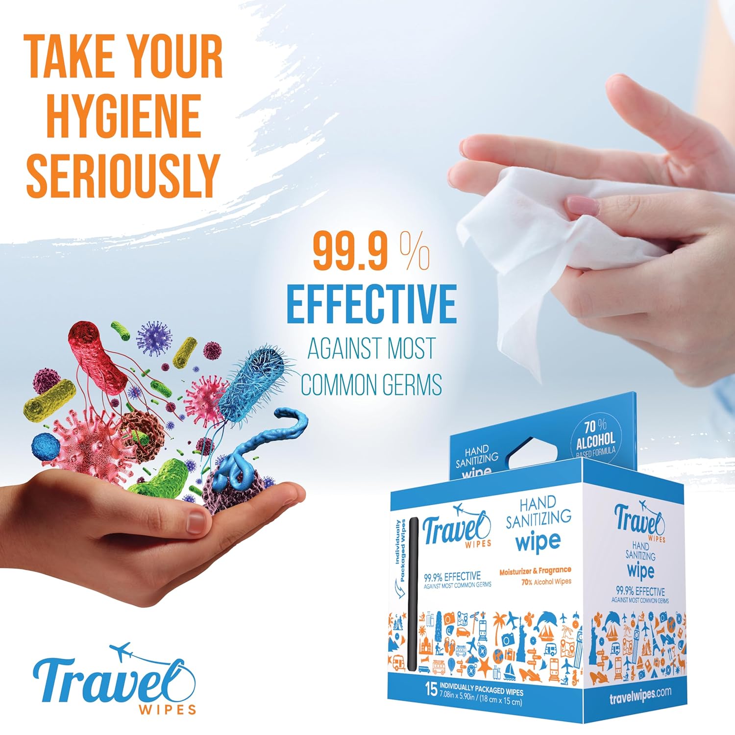 Hand Sanitizing Travel Wipes – 15ct Individually Wrapped | Fresh Citrus Scent, Moisturizing, 70%