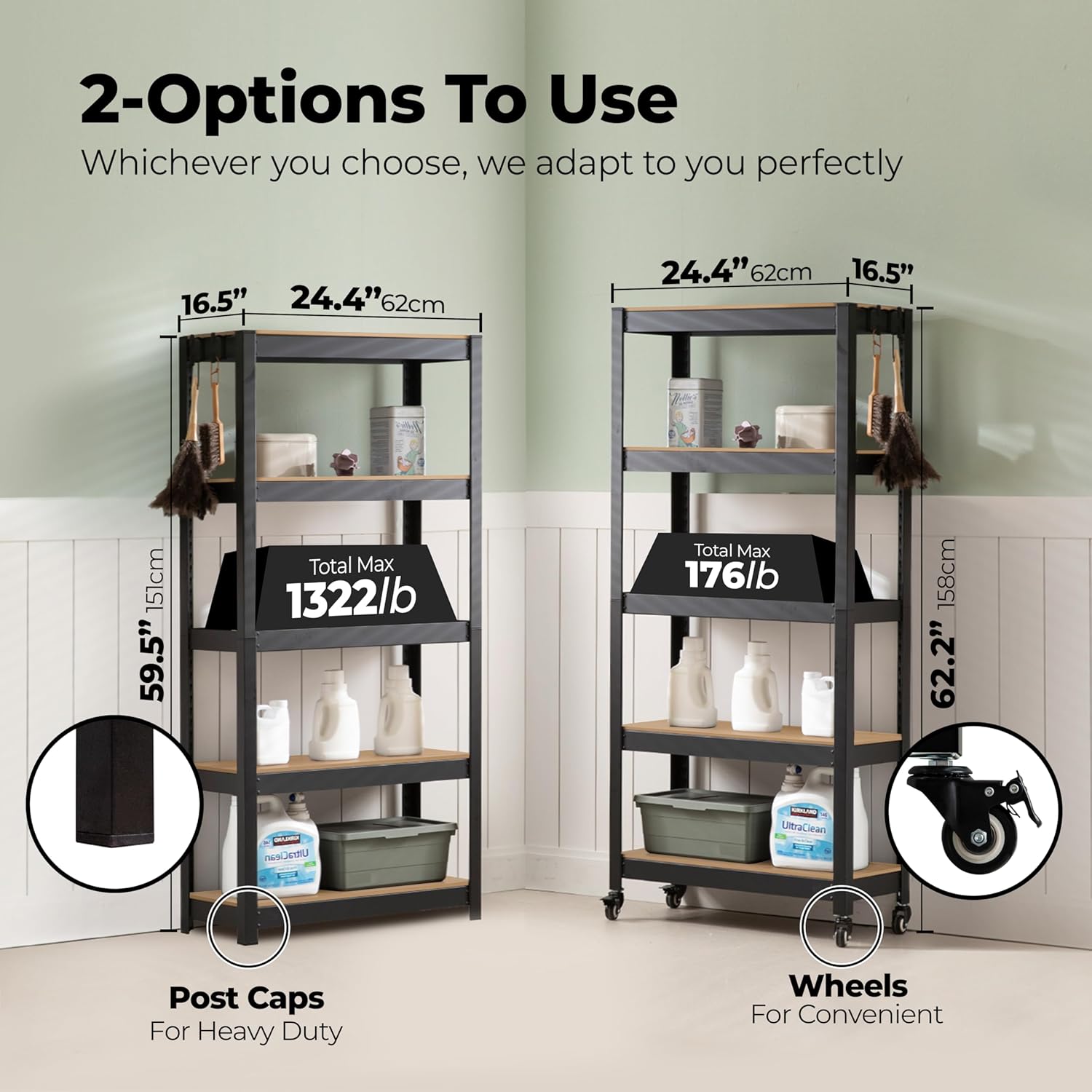 HOMEDANT House 5-Tier Metal Rolling Cart Shelf Rack Casters Heavy Duty Laminated Wheel Shelving