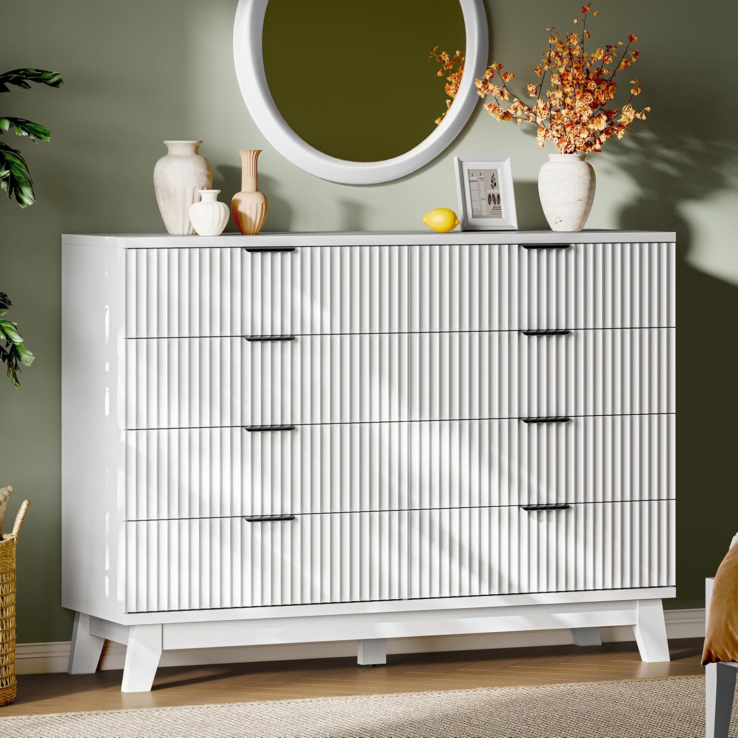 Fluted Dresser with 8 Drawers, 54" Wide Modern Chest of Drawers with Metal Handle, Wooden Dresser