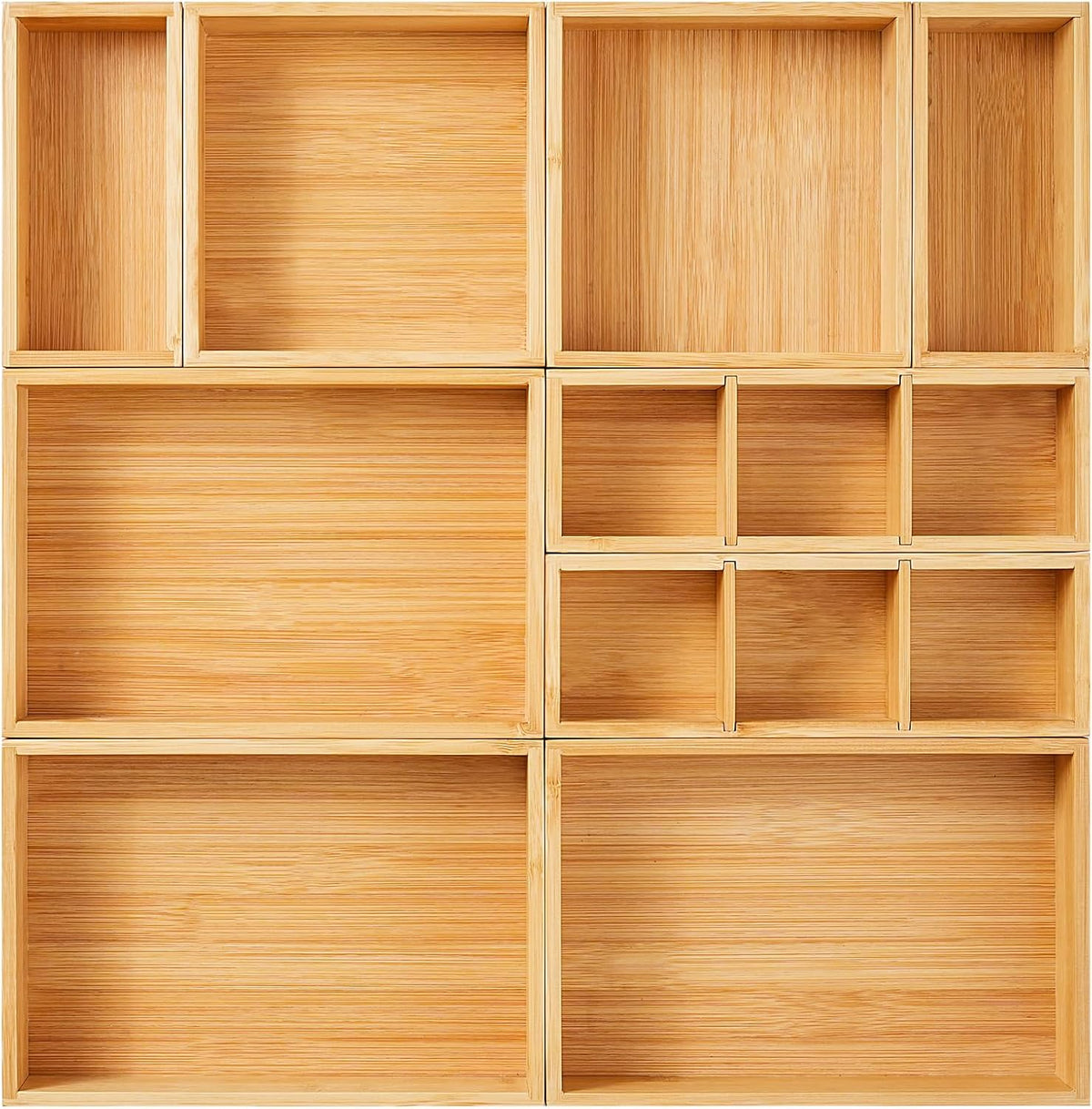 Fabsome Drawer Organizer, Set of 9 Bamboo Wood Kitchen Makeup Desk Junk Tea Drawer Storage Boxes