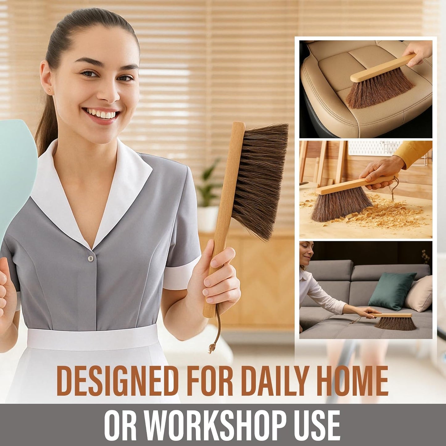 Takavu Multi-Purpose Counter Brush with Solid Wood Handle, Natural Horsehair Bristles for Gentle