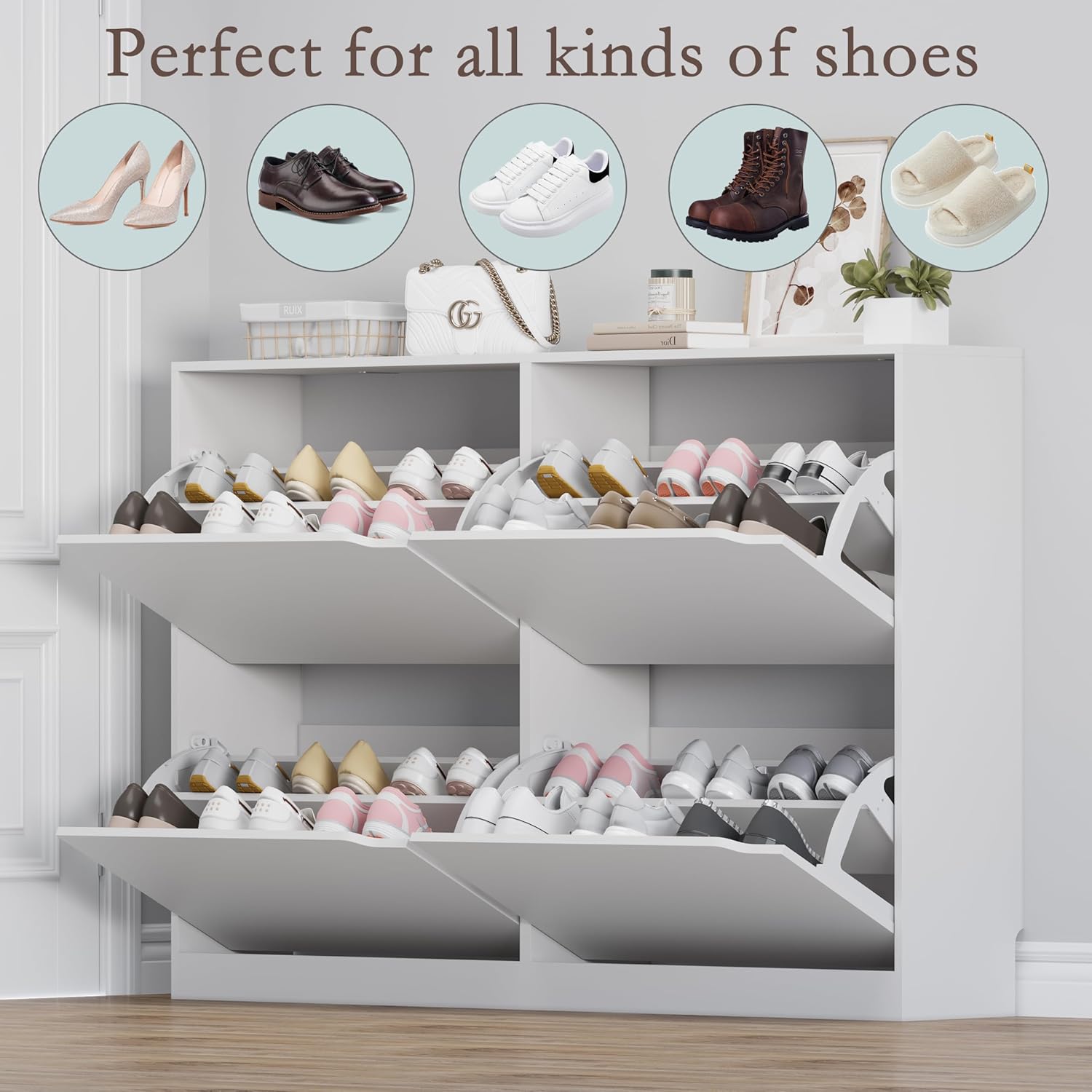 Shoe Cabinet with 4 Flip Drawers, Narrow Hidden Shoe Storage Cabinet, Slim Freestanding Shoe Rack