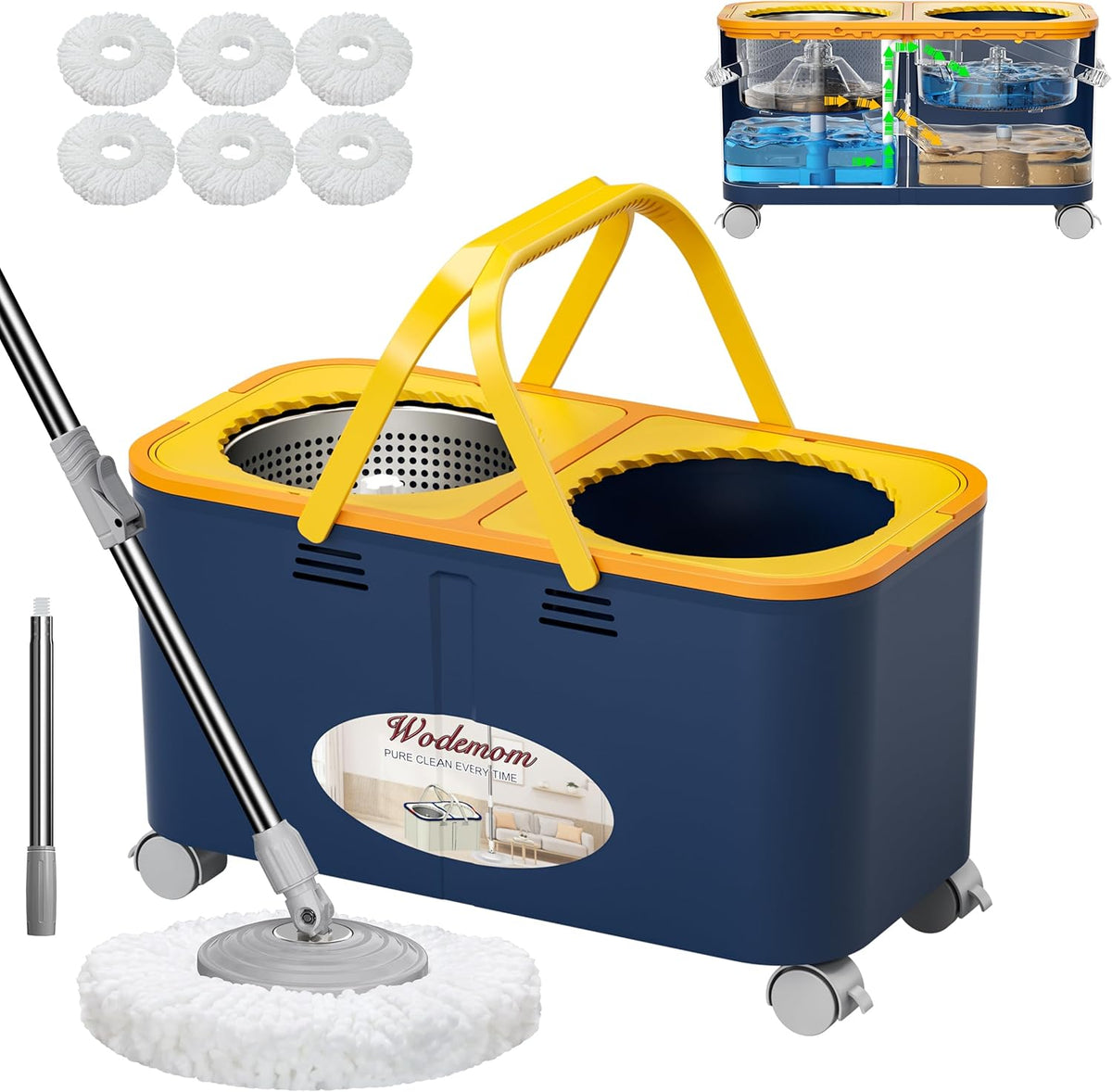 2025 Upgraded Spin Mop and Bucket with Clean & Dirty Water Separation, 360° Swivel Wheels