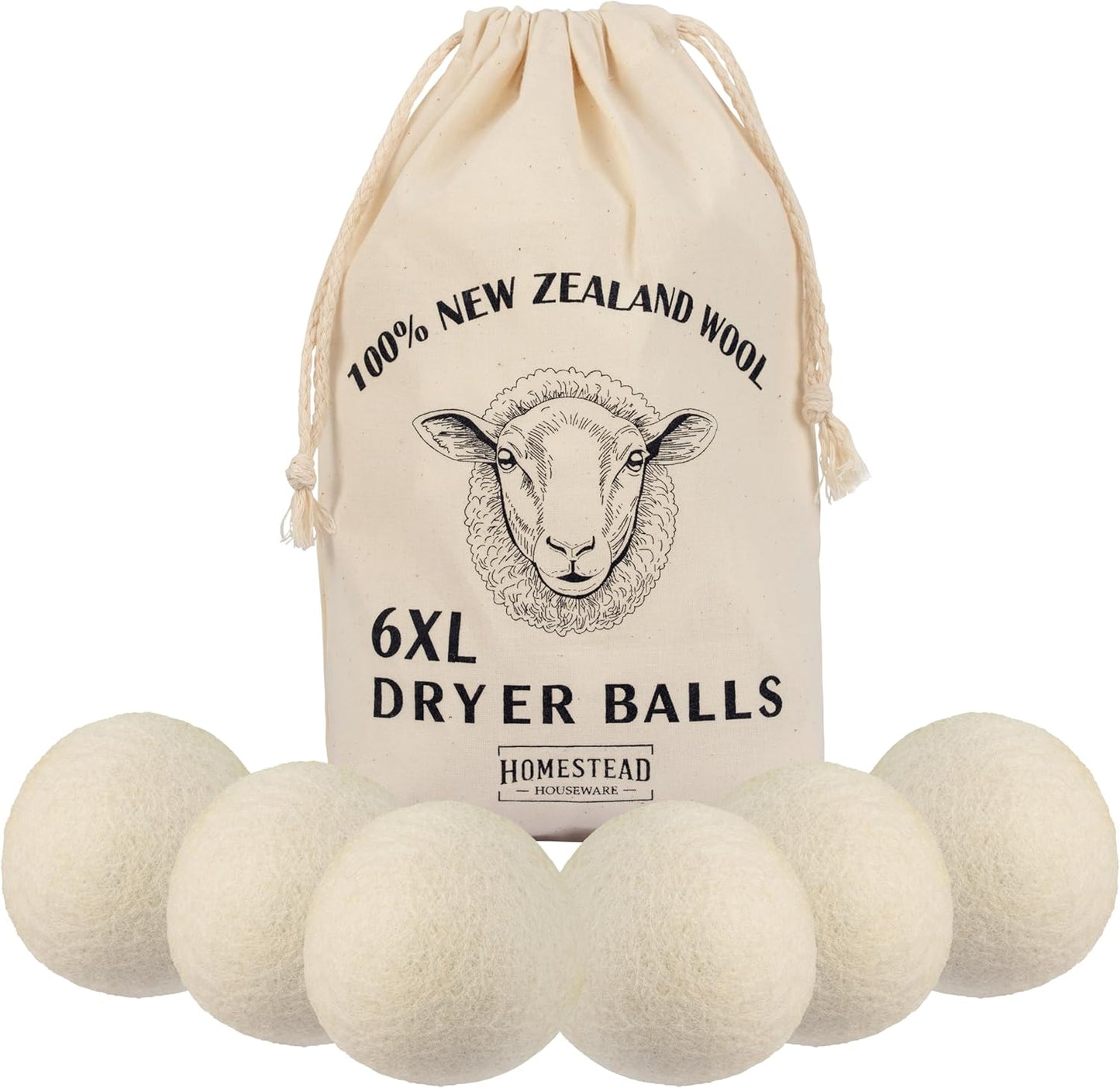 XL Wool Dryer Balls 6-Pack – 100% New Zealand Wool, Natural Fabric Softener & Static Reducer