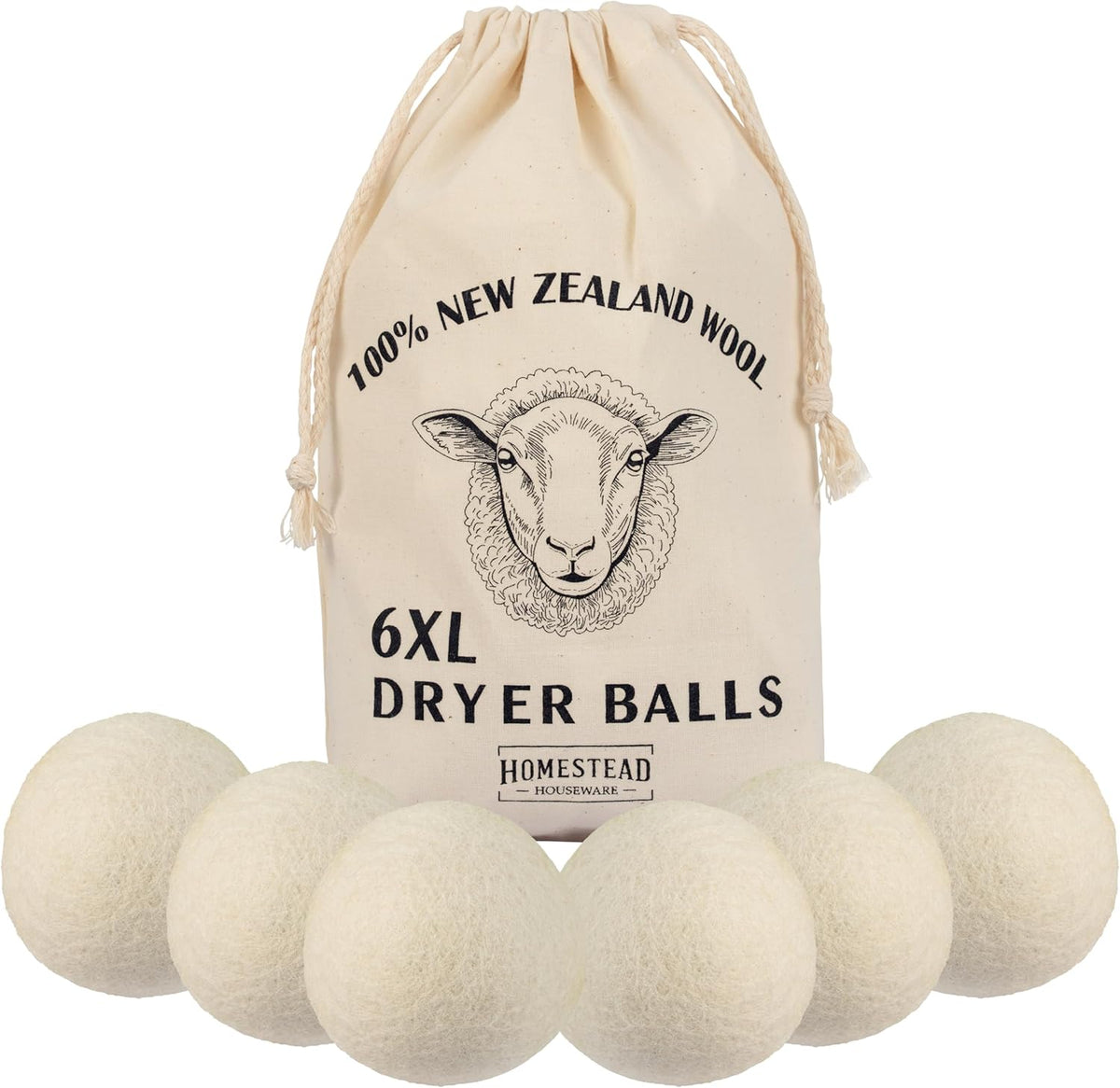 XL Wool Dryer Balls 6-Pack – 100% New Zealand Wool, Natural Fabric Softener & Static Reducer