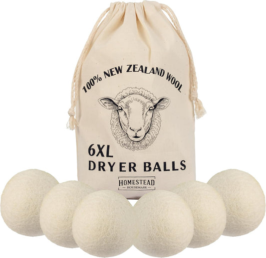 XL Wool Dryer Balls 6-Pack – 100% New Zealand Wool, Natural Fabric Softener & Static Reducer
