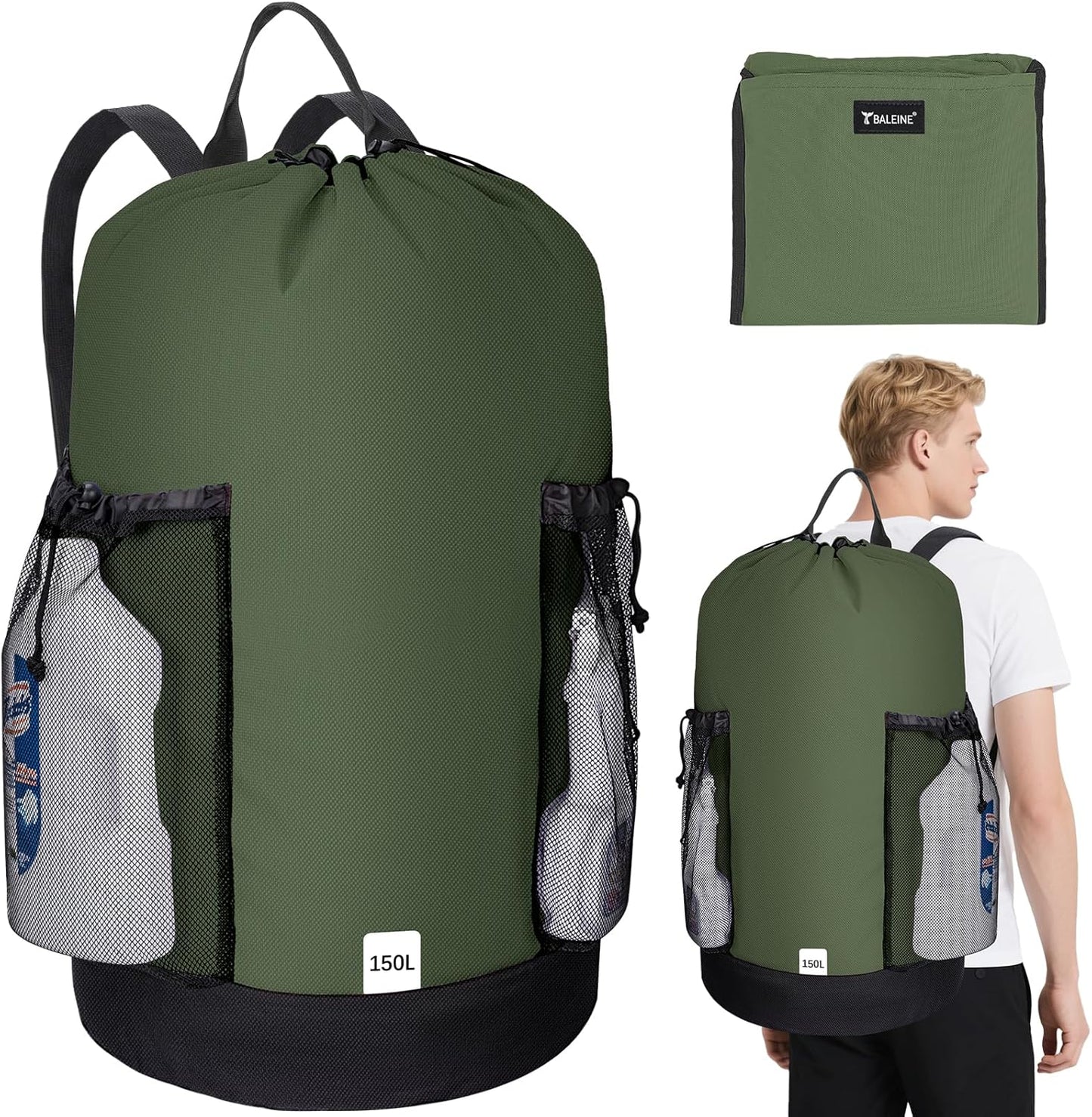BALEINE 150L Laundry Bag Backpack, 900D Oxford Fabric Large Travel Laundry Bags with Shoulder
