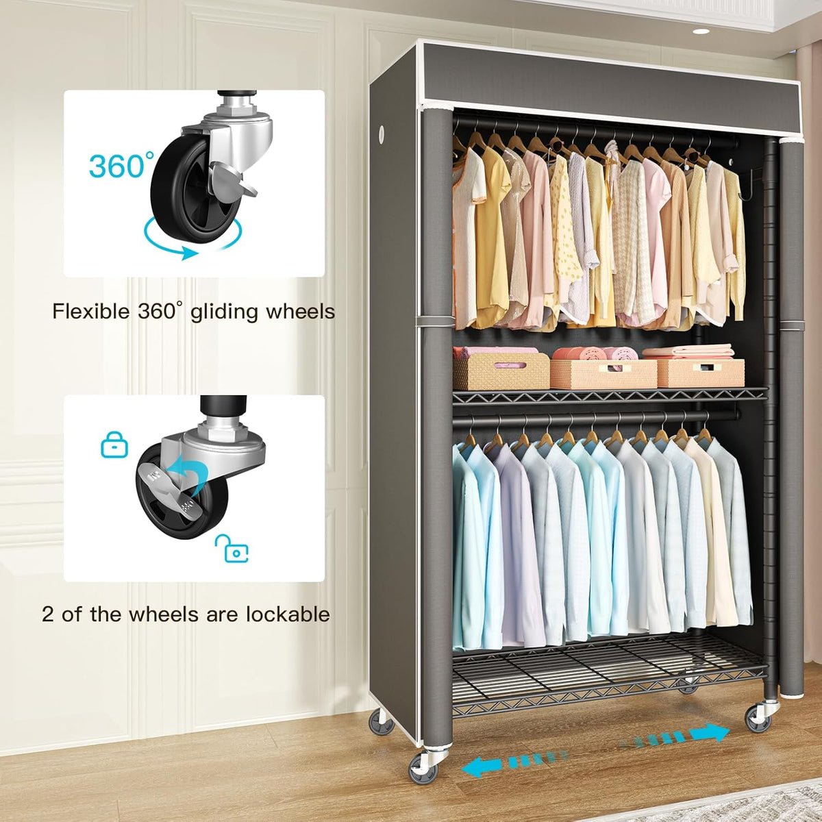 FUTASSI Black Clothing Rack with Dark Gray Cover, P1C Rolling Closets with Wheels, Metal Garment