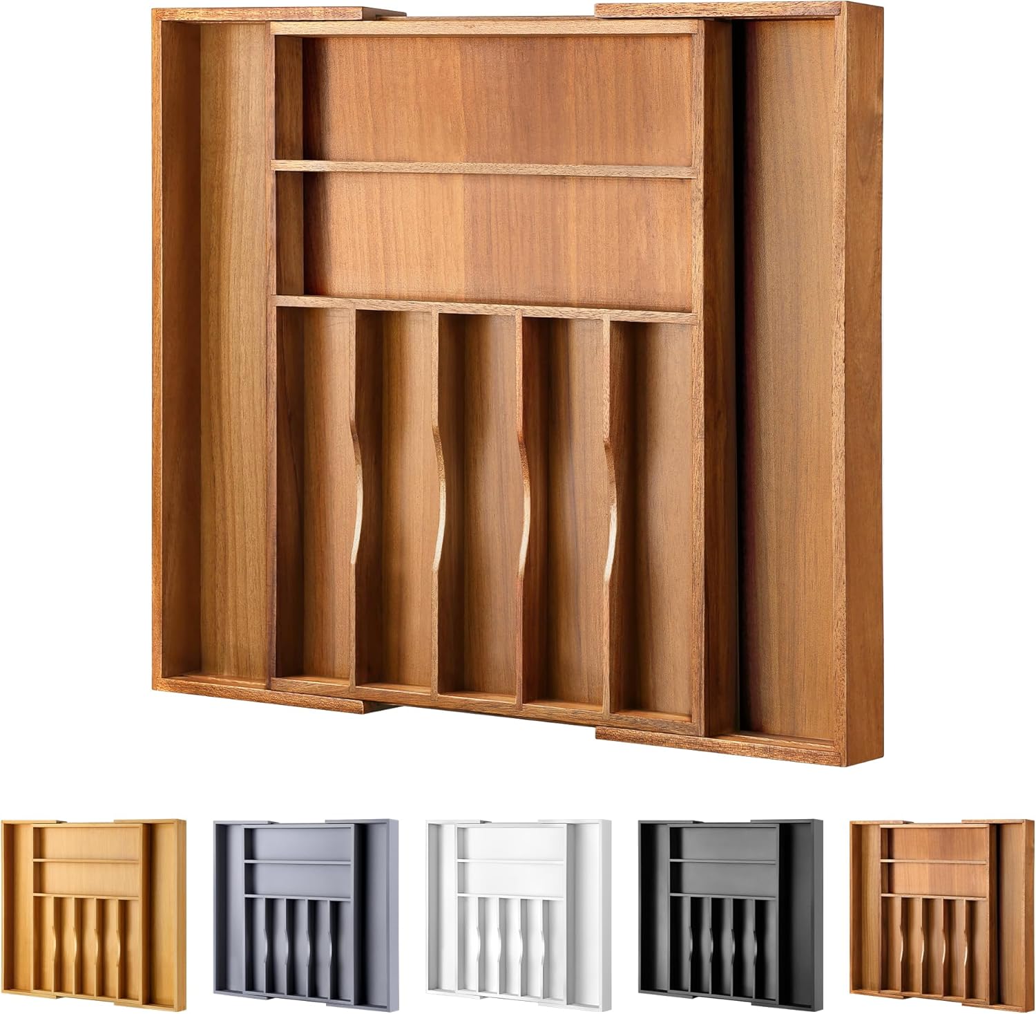 Large Premium Acacia Silverware Organizer - Expandable Drawer Organizer & Utensil Organizer
