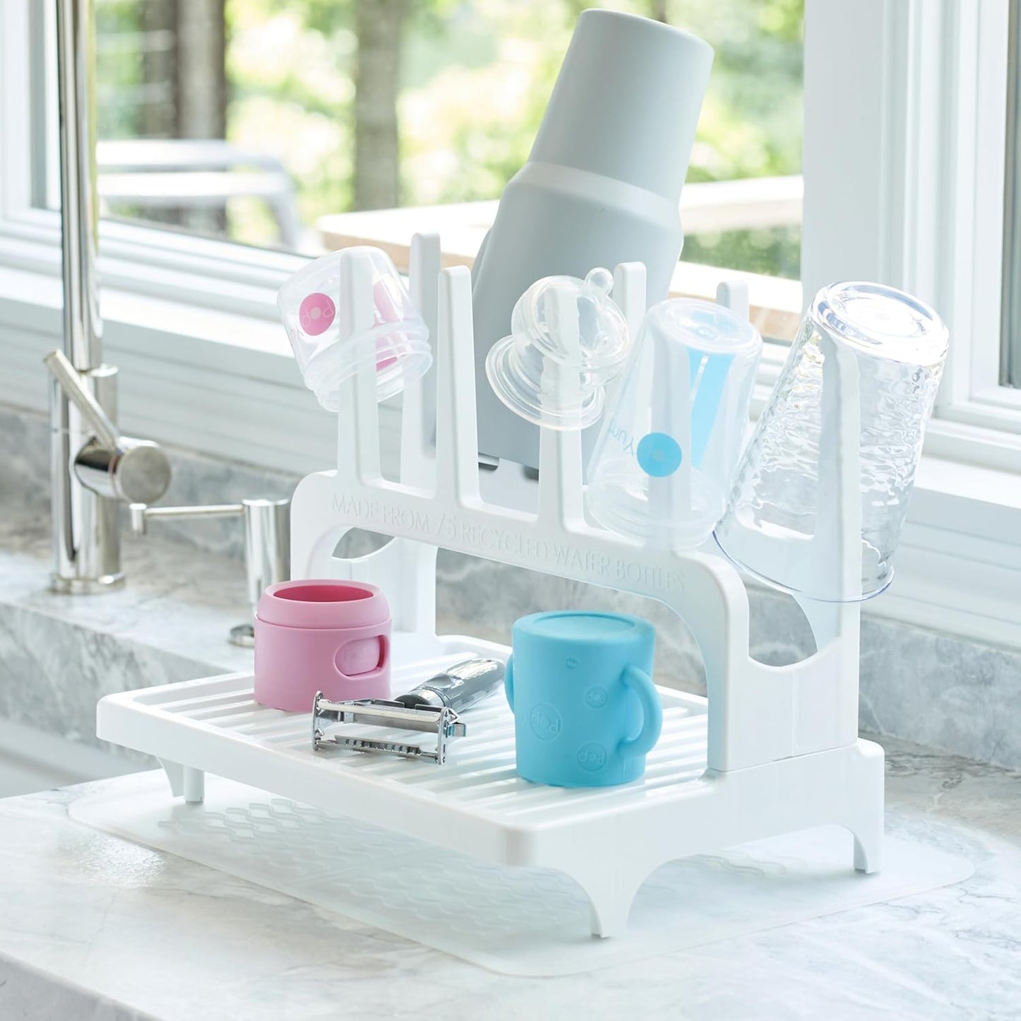 PopYum Glacier White Space Saving Drying Rack from 100% Recycled Bottles with Clear Frosted