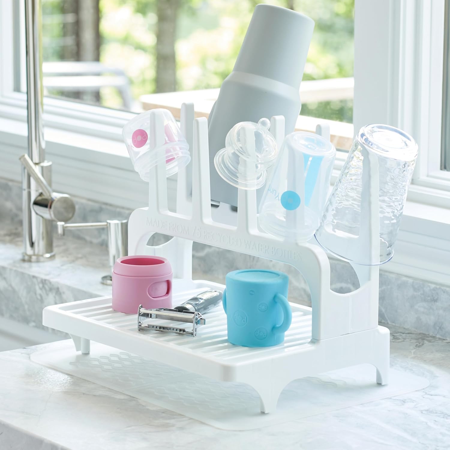 PopYum Glacier White Space Saving Drying Rack from 100% Recycled Bottles with Clear Frosted