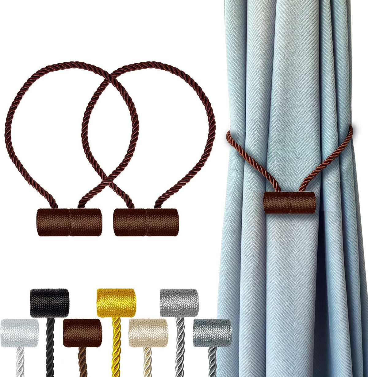 Hion Magnetic Curtain Tiebacks Dark Brown 2pcs, Curtain Tiebacks Buckles Holdbacks Holders Hooks