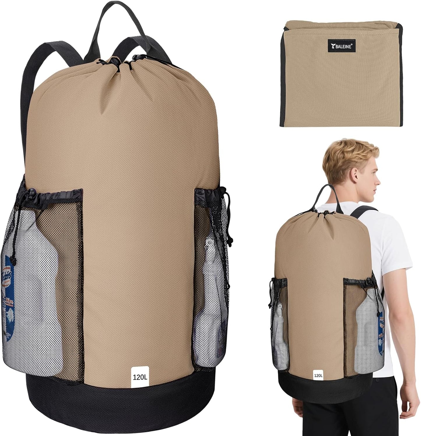 BALEINE 120L Laundry Bag Backpack, 900D Oxford Fabric Large Travel Laundry Bags with Shoulder