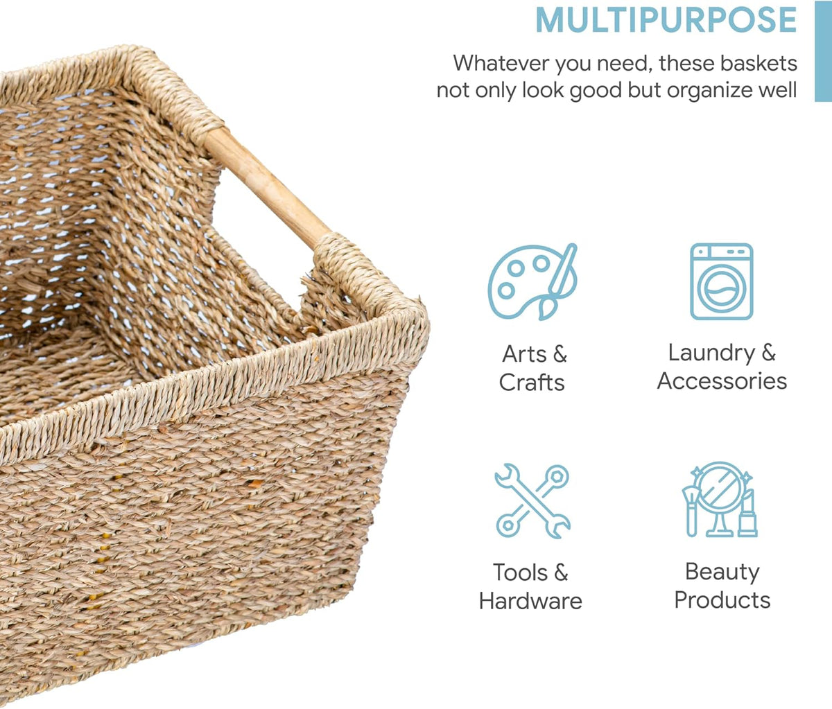 Large Wicker Storage Basket with Wooden Handles, Seagrass Basket for Shelves, Natural Wicker Bin