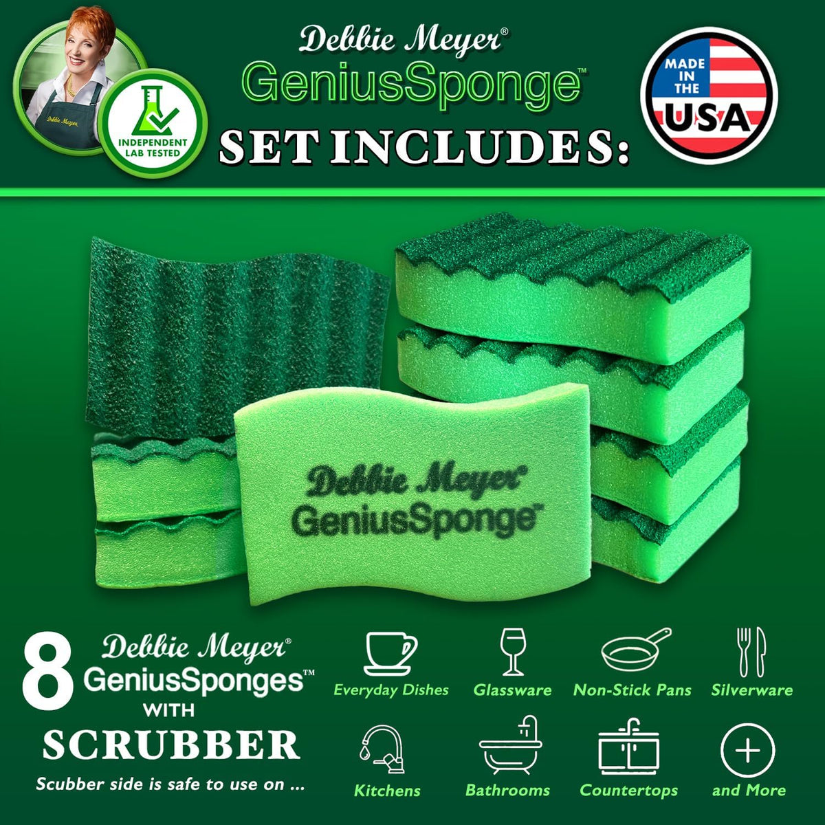 Debbie Meyer GeniusSponges-8 Scrubber Sponges with Built-in Odor Blocking Properties | Non-Scratch