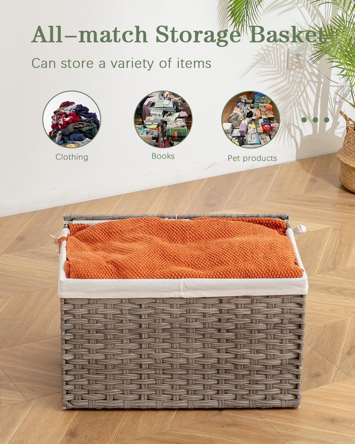 Storage Basket with Lid Rattan, Woven Storage Baskets with 2 Separate Lids, 17.2 Gallon (65 L)