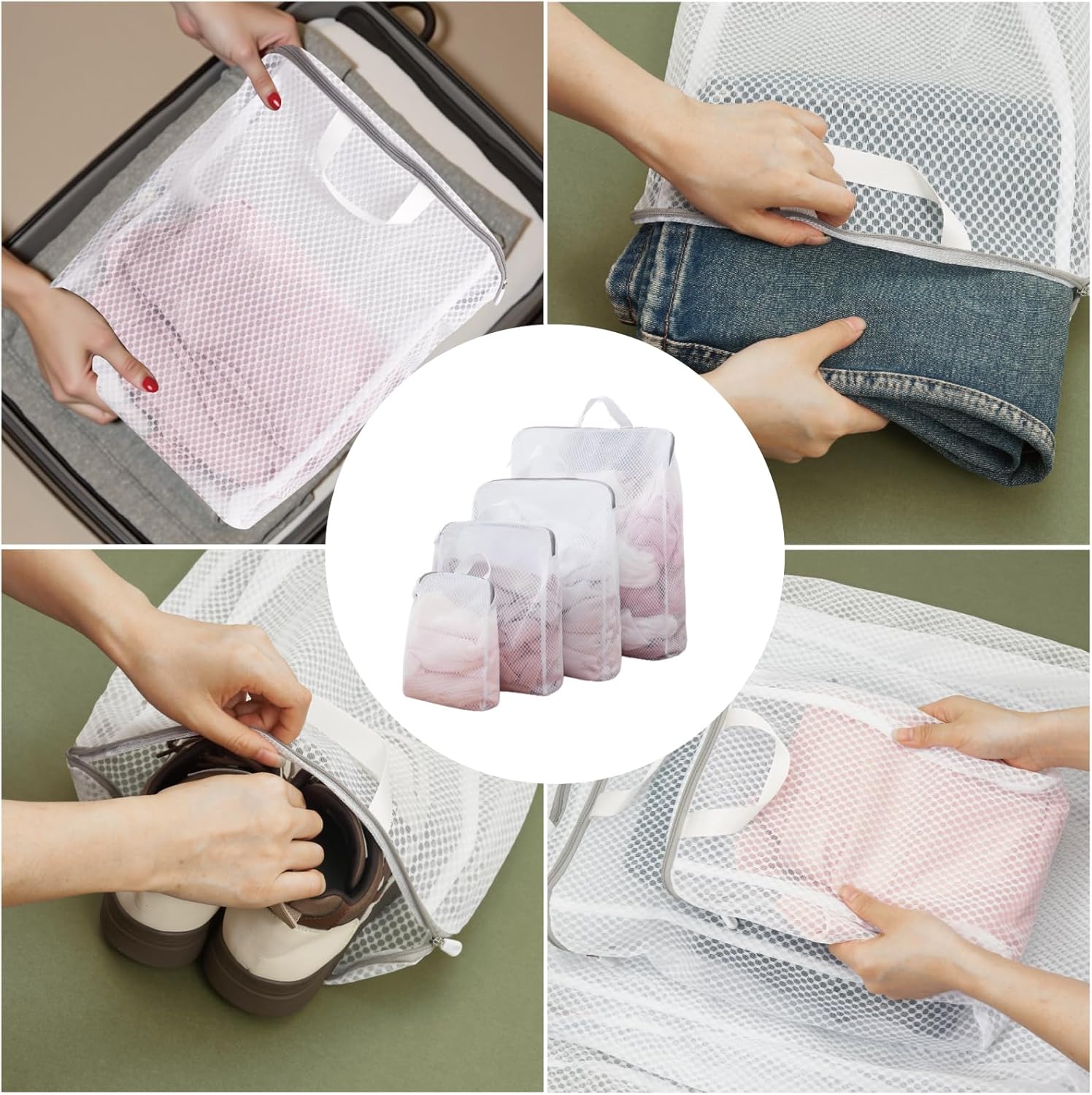 GWT 4Pcs 3D Mesh Laundry Bags with Hanging Handles (S/M/L/XL) - Durable Zippered Wash Bags for
