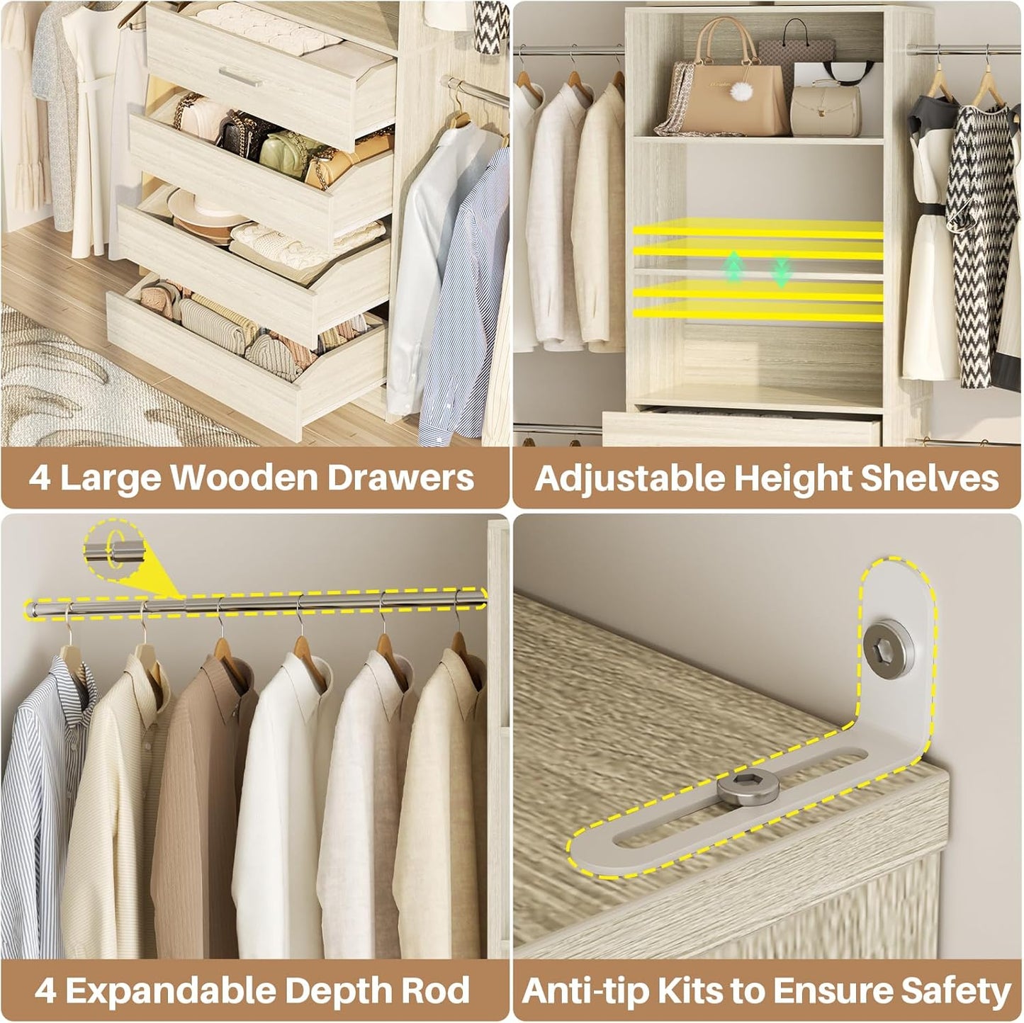 Aheaplus Closet System, 4-9Ft Closet Organizer with 4 Wooden Drawers, Wood Closet Organizer System