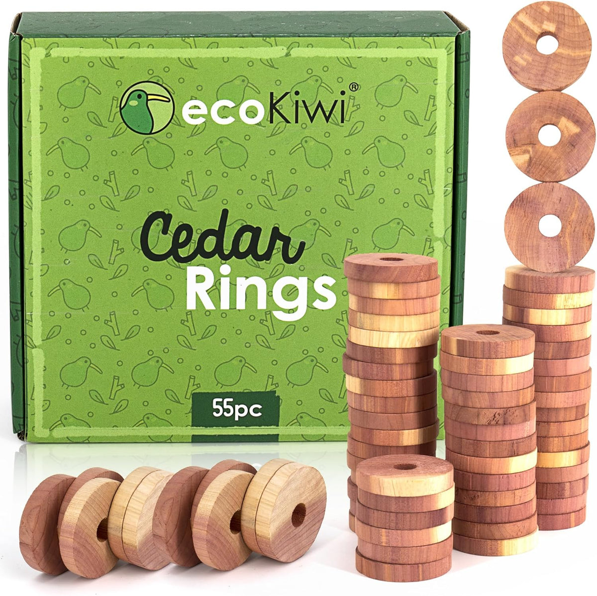 ecoKiwi Cedar Blocks for Clothes Storage - 55 Pack Cedar Rings - 100% Natural Aromatic Cedar for