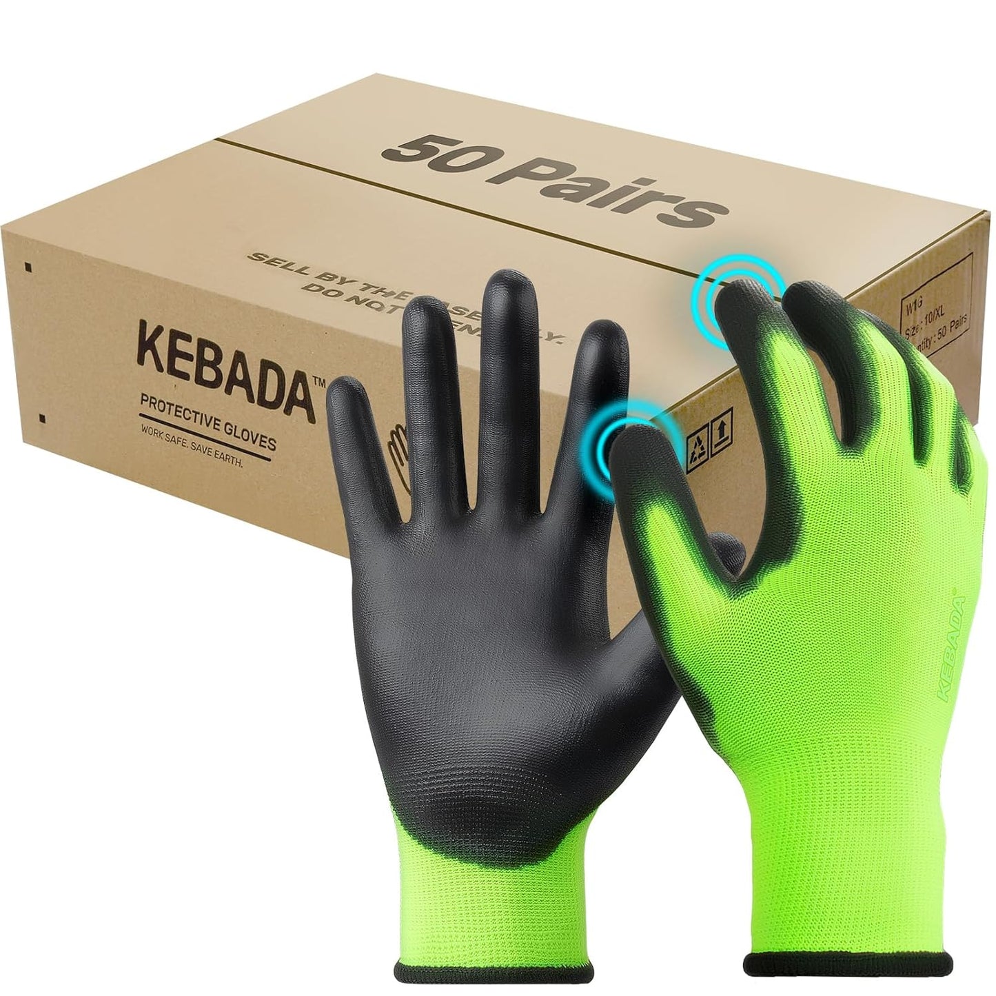 Kebada W1 Work Gloves for Men and Women, Touchscreen PU Coated Gloves with Grip, 50 Pairs Bulk
