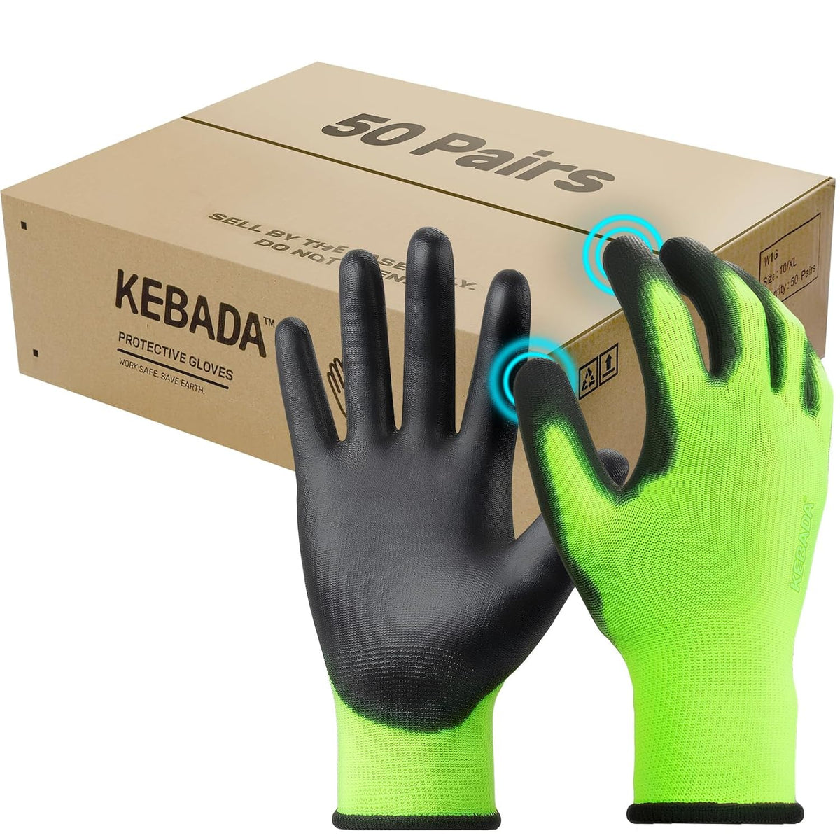Kebada W1 Work Gloves for Men and Women, Touchscreen PU Coated Gloves with Grip, 50 Pairs Bulk