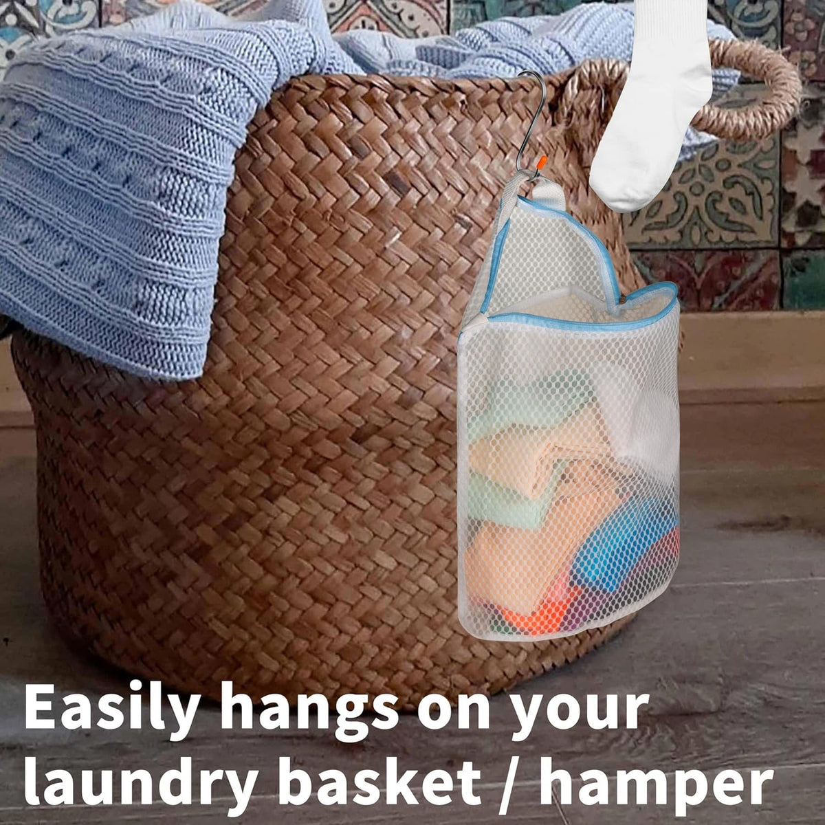 5Pcs Hanging Laundry Bags for Socks with S Hooks,12 X 10 inch 5 Color Mesh Laundry Bags for Washing
