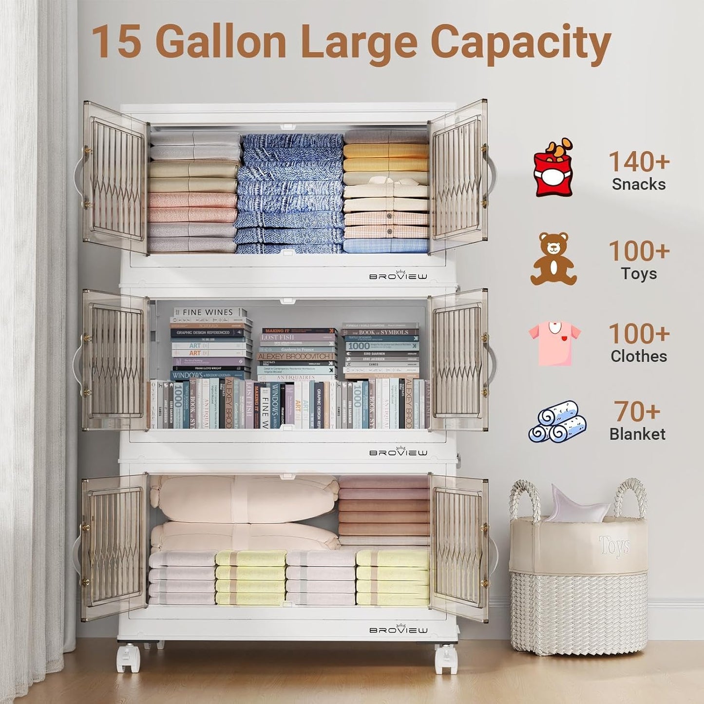 BROVIEW 300Qt Stackable Storage Bins with Lid, Extra Large Closet Organizer Collapsible Drawer
