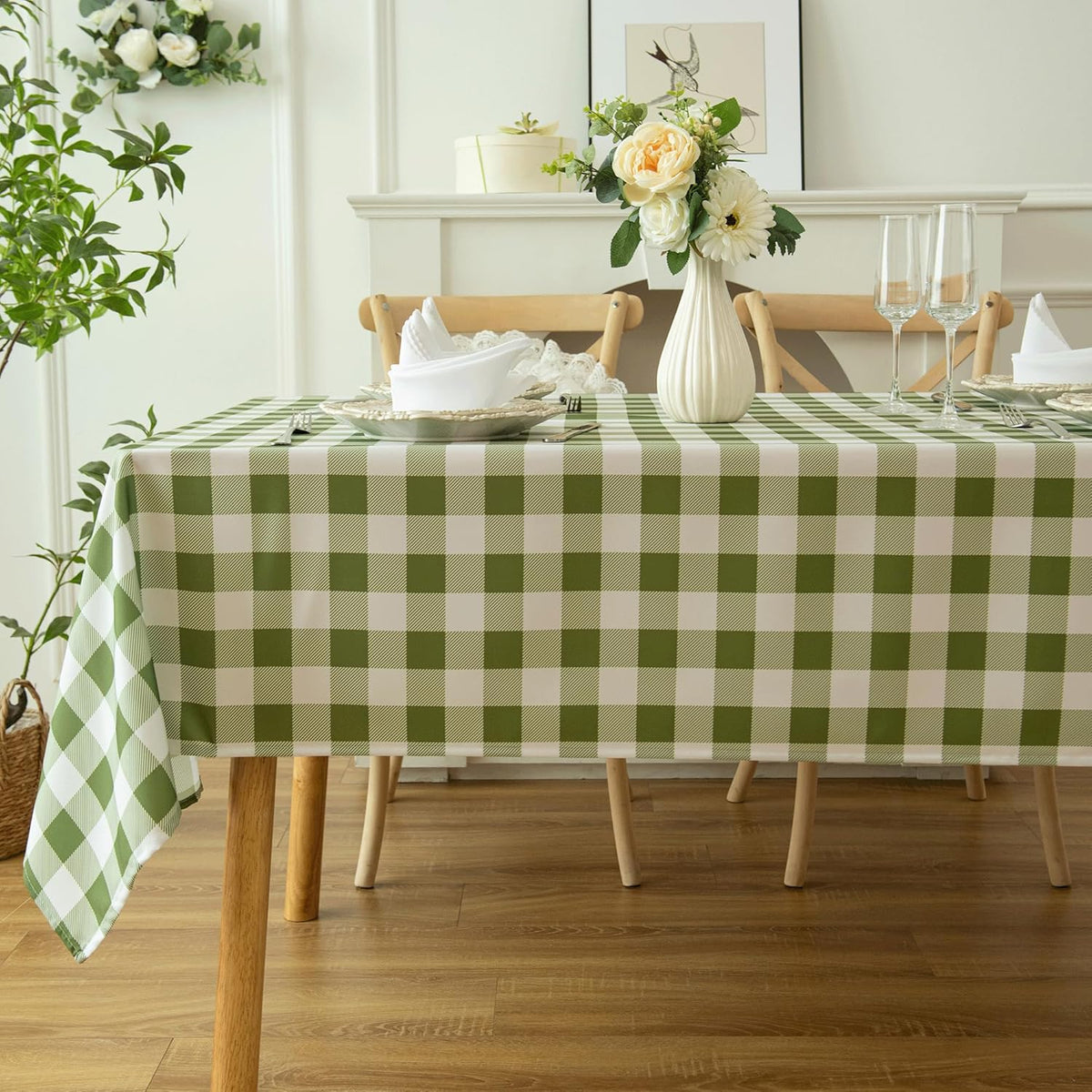 Waterproof Checkered Tablecloth Fabric - Rectangle 58x84 Inch Classic Gingham Buffalo Plaid Table