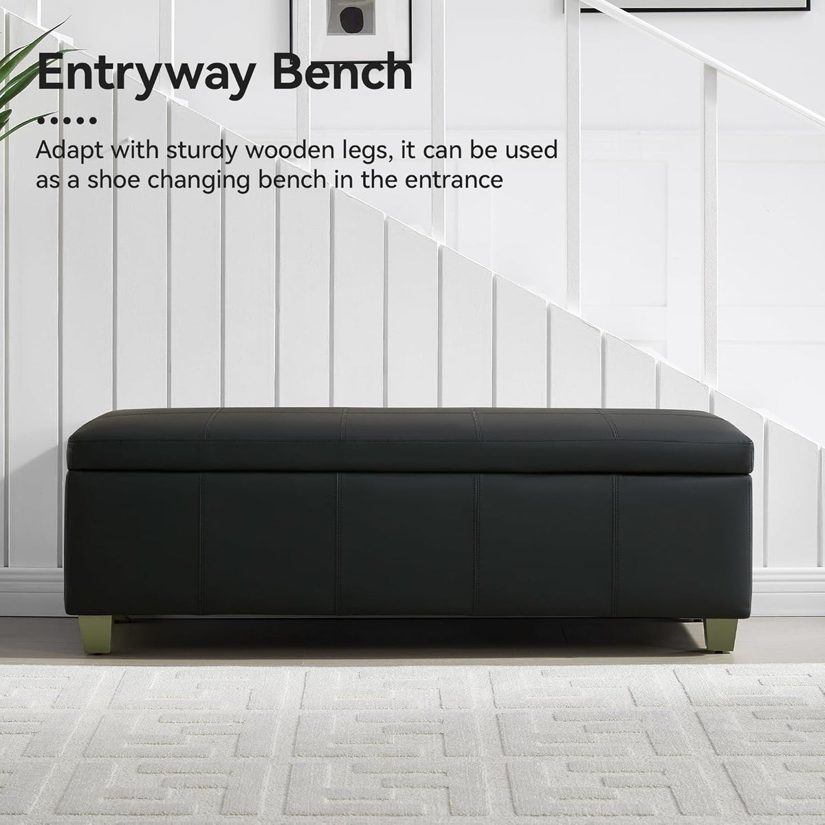 51" Faux Leather Storage Ottoman, Stitch Tufted Rectangle Upholstered End of Bed Storage Bench