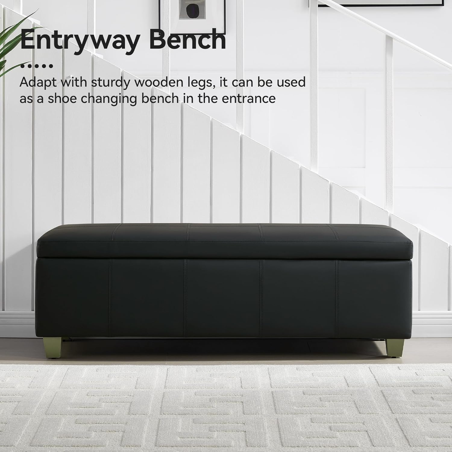 51" Faux Leather Storage Ottoman, Stitch Tufted Rectangle Upholstered End of Bed Storage Bench