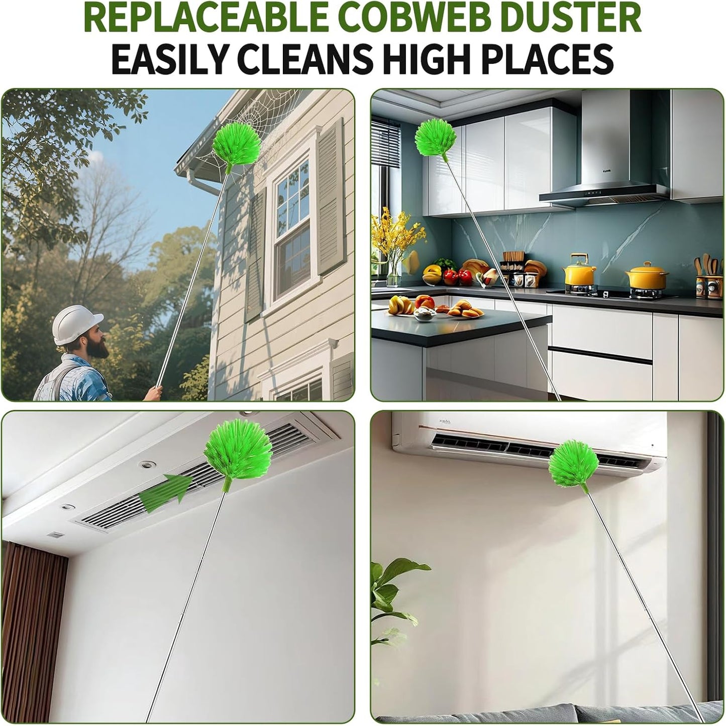 Cobweb Duster with Extension Pole, Washable Cleaning Duster Set with 2 Duster Heads, Corner Brush