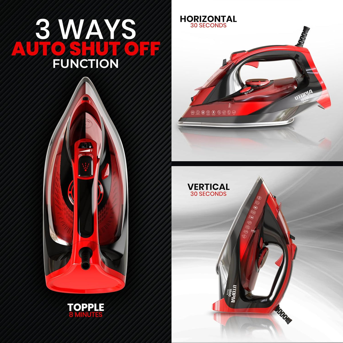 Utopia Home Steam Iron for Clothes - Non-Stick Soleplate - 1800W Clothes Iron With Auto-Off Safety