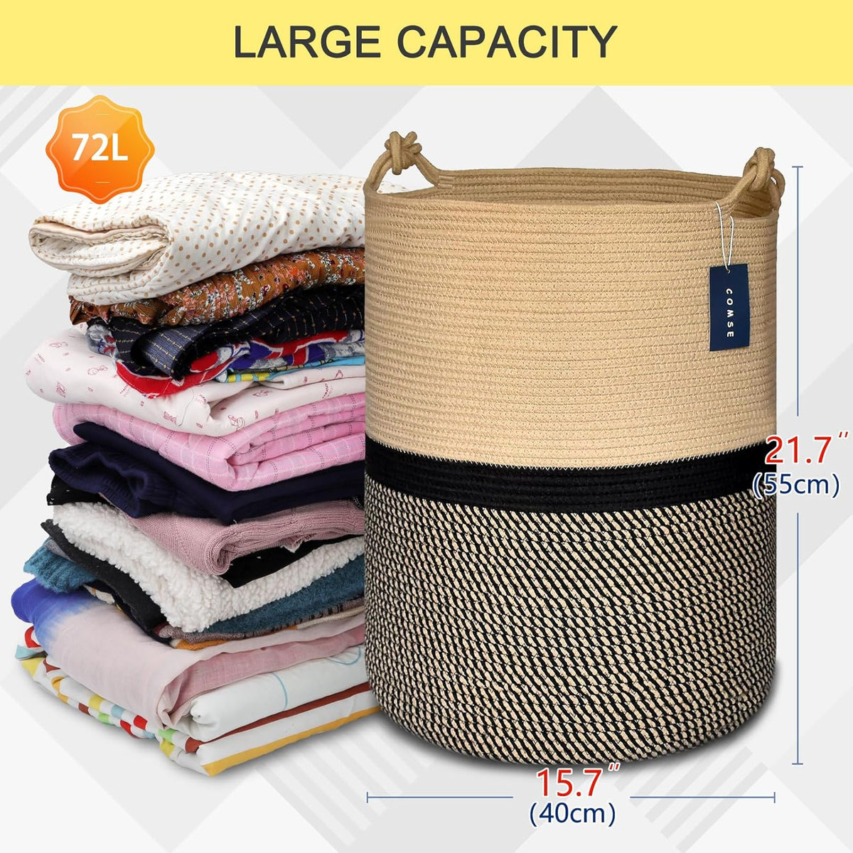 COMSE Extra Large Blanket Basket, Tall Woven Storage Basket, Nursery Hamper, 15.7”x 21.7”, Cotton
