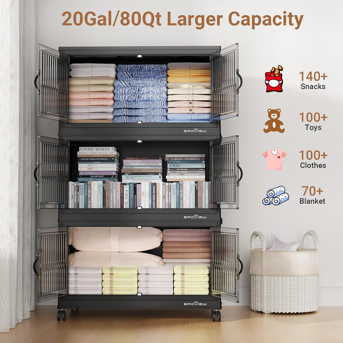 BROVIEW 240Qt Stackable Storage Bins with Lid, Extra Large Closet Organizer Collapsible Drawer