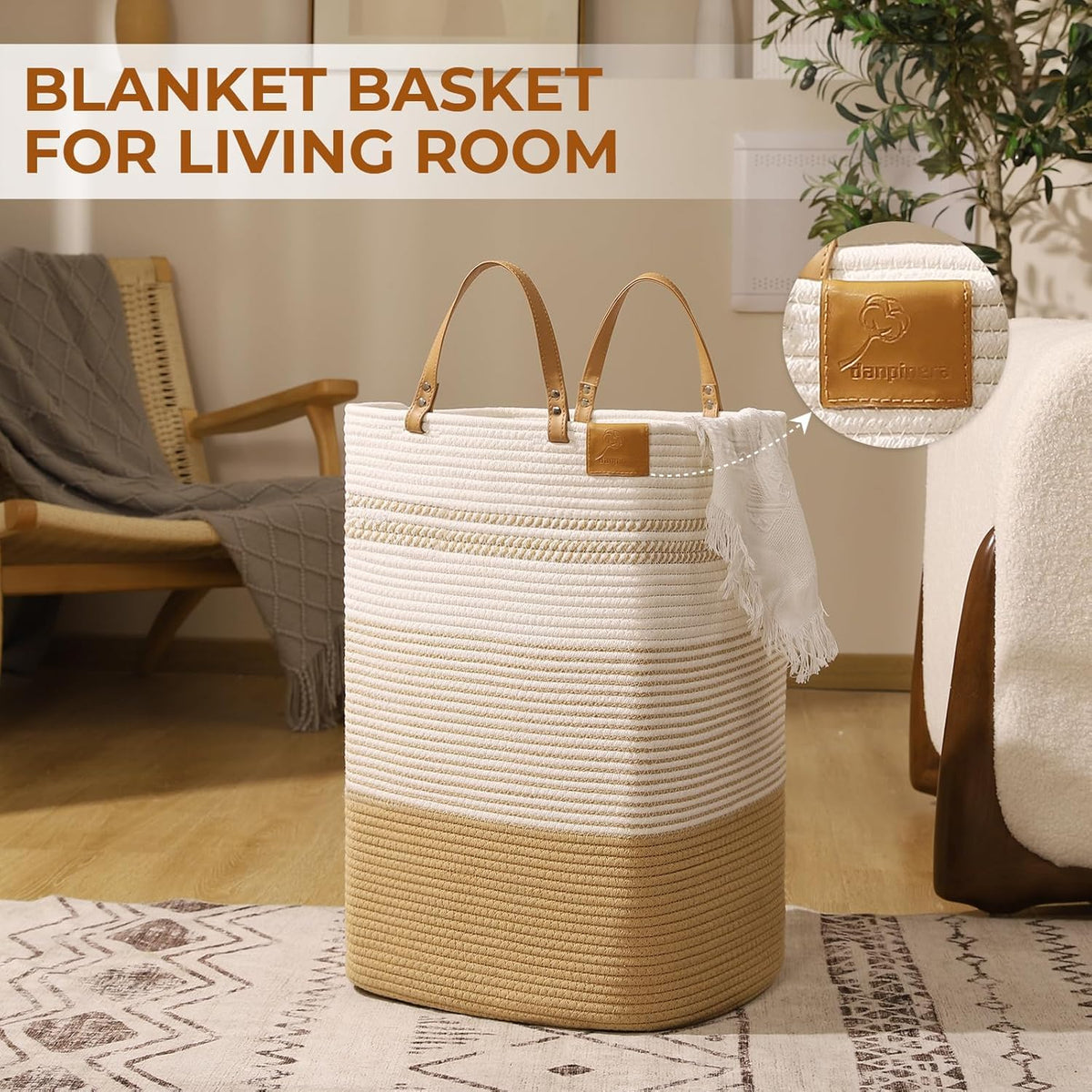 danpinera Large Laundry Hamper – 75L Tall Woven Cotton Storage Basket with Leather Handles, Slim
