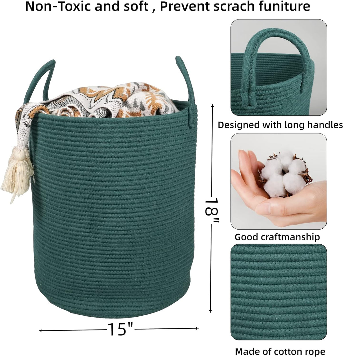 Cotton Rope Laundry Basket Hamper for Clothes Woven Storage Basket for Living Room Bedroom Boho