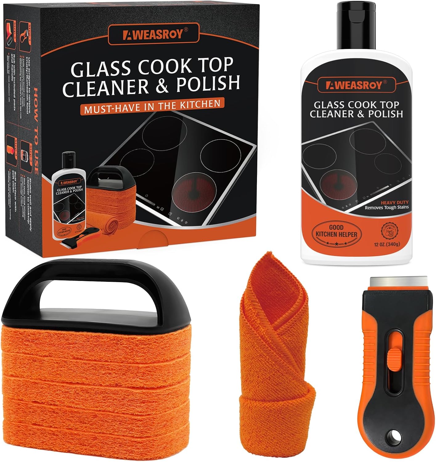 Glass Stove Top Cleaner Kit 12 oz, Cooktop Cleaner and Polish Non-Abrasive No Scratch Removes Tough