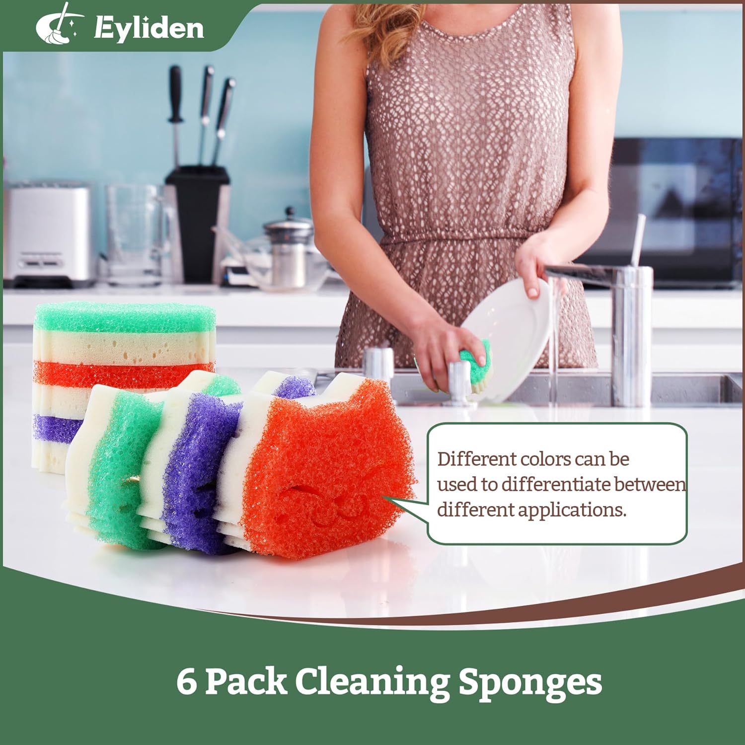 Eyliden 6 Pack Scrub Sponge - Dual-Sided, Smart-Temp Firmness, Dish Scrubber, Non-Scratch
