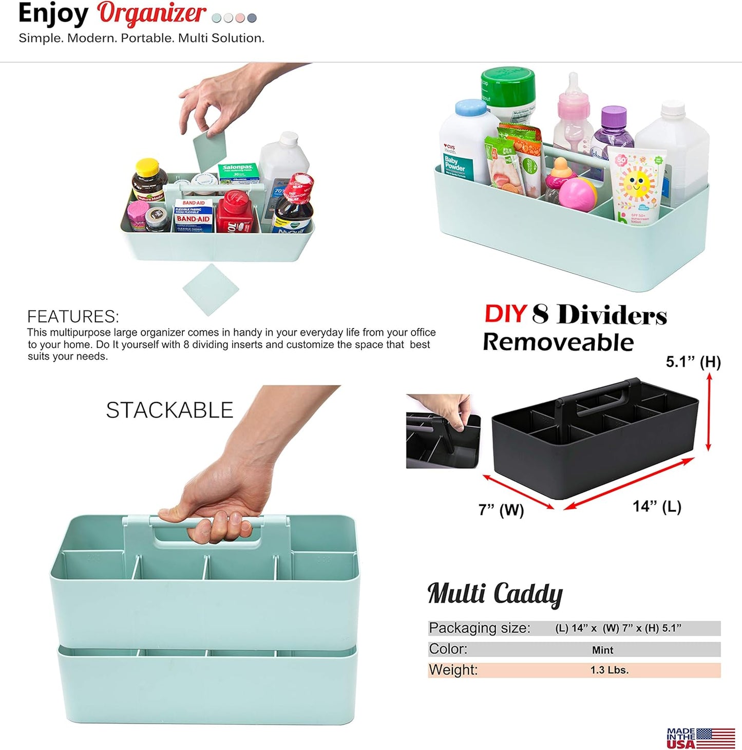2 PACK - Portable DIY 8 Dividers Durable Plastic Tote Basket Bin Tool & Supply Cleaning Caddy with