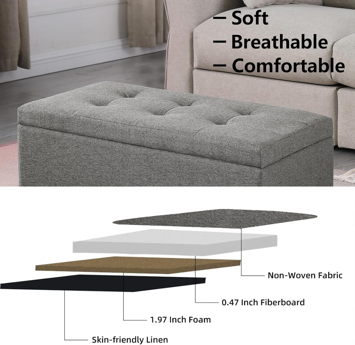 Storage Ottoman Bench with 2.56-inch Thick Seat, 31.5 inch Nesting Ottoman Set of 2, Hinged Flip