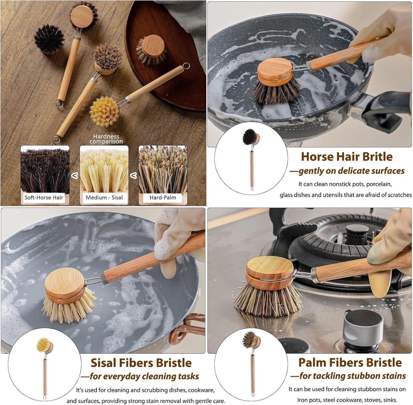 Bamboo Dish Brush with Handle, 1 Sturdy Wooden Handle with 3 Natural Bristle Heads, Horsehair