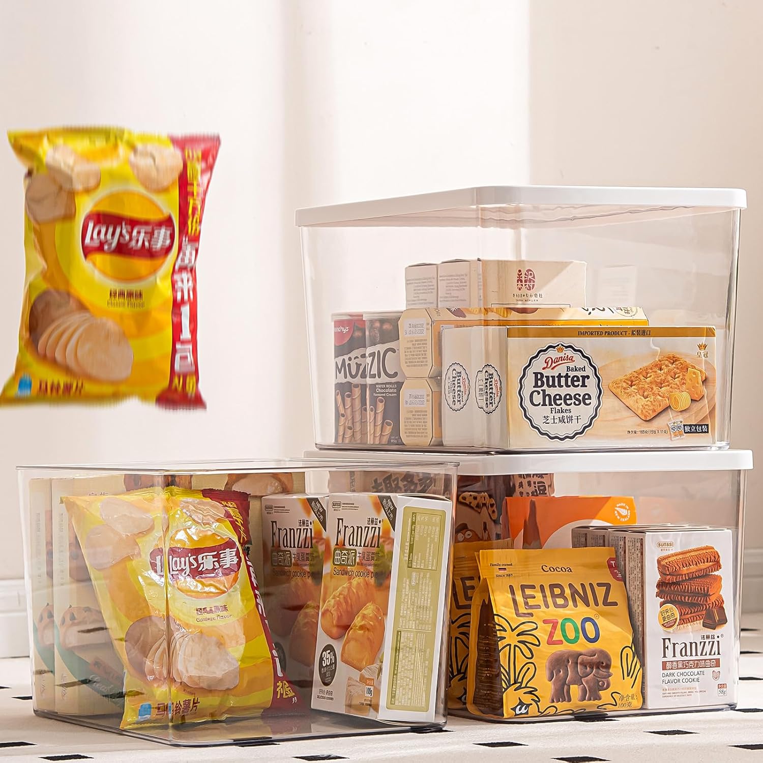 Clear plastic storage bins with LIDS-3packs,storage containers for snacks, cosmetics, books, dog