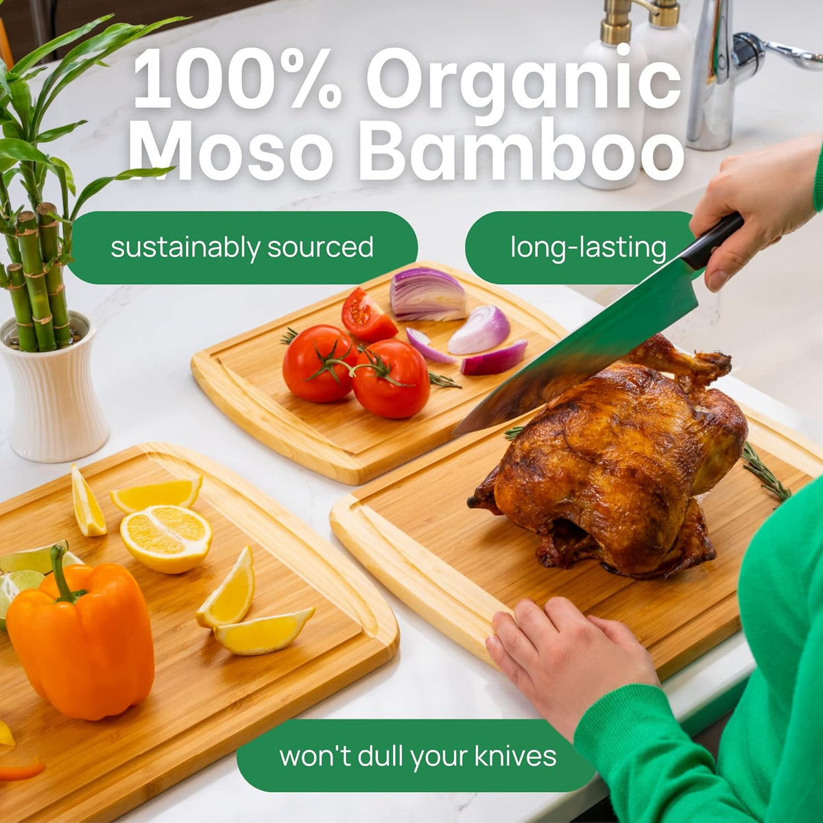 Extra Large Bamboo Cutting Board Set – Wood Cutting Boards for Kitchen, Non Toxic Cutting Board Set