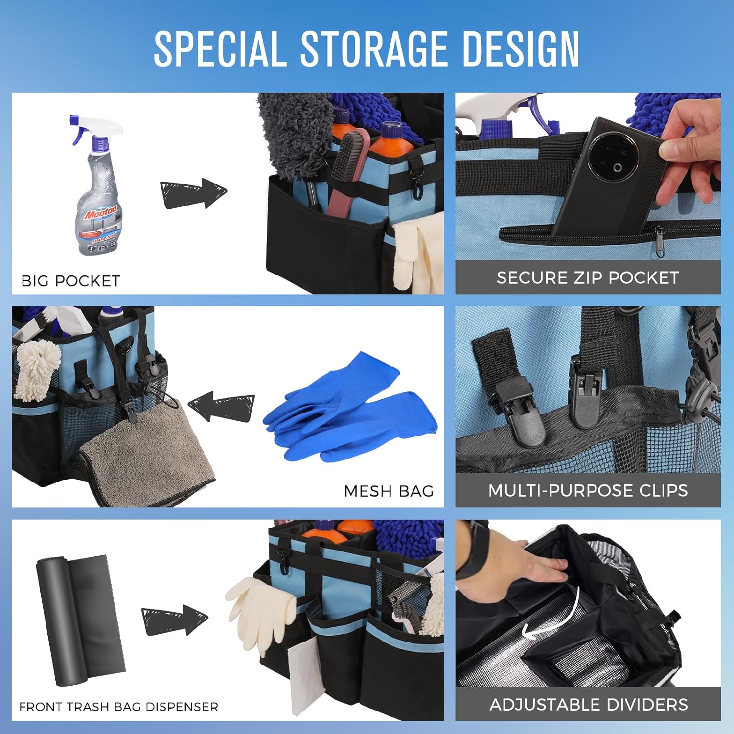 Wearable Cleaning Caddy, Cleaning Caddy Supplies Organizer with Handle & Shoulder Straps for