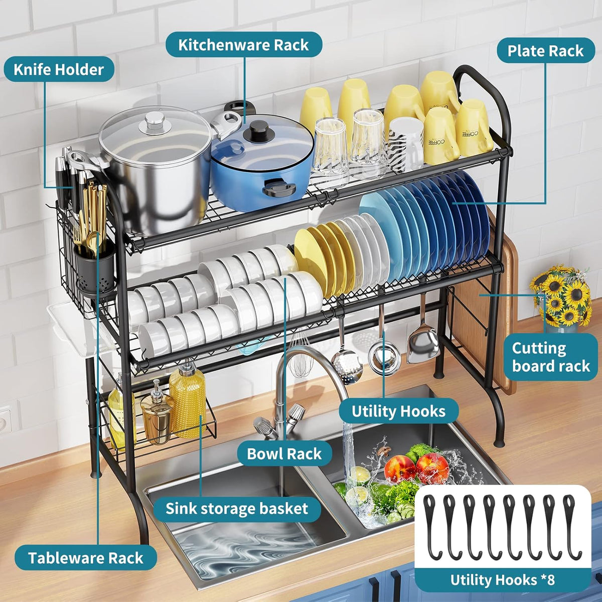 HOWDIA Over The Sink Dish Drying Rack, 3-Tier Stainless Steel Large Over The Sink Dish Rack with
