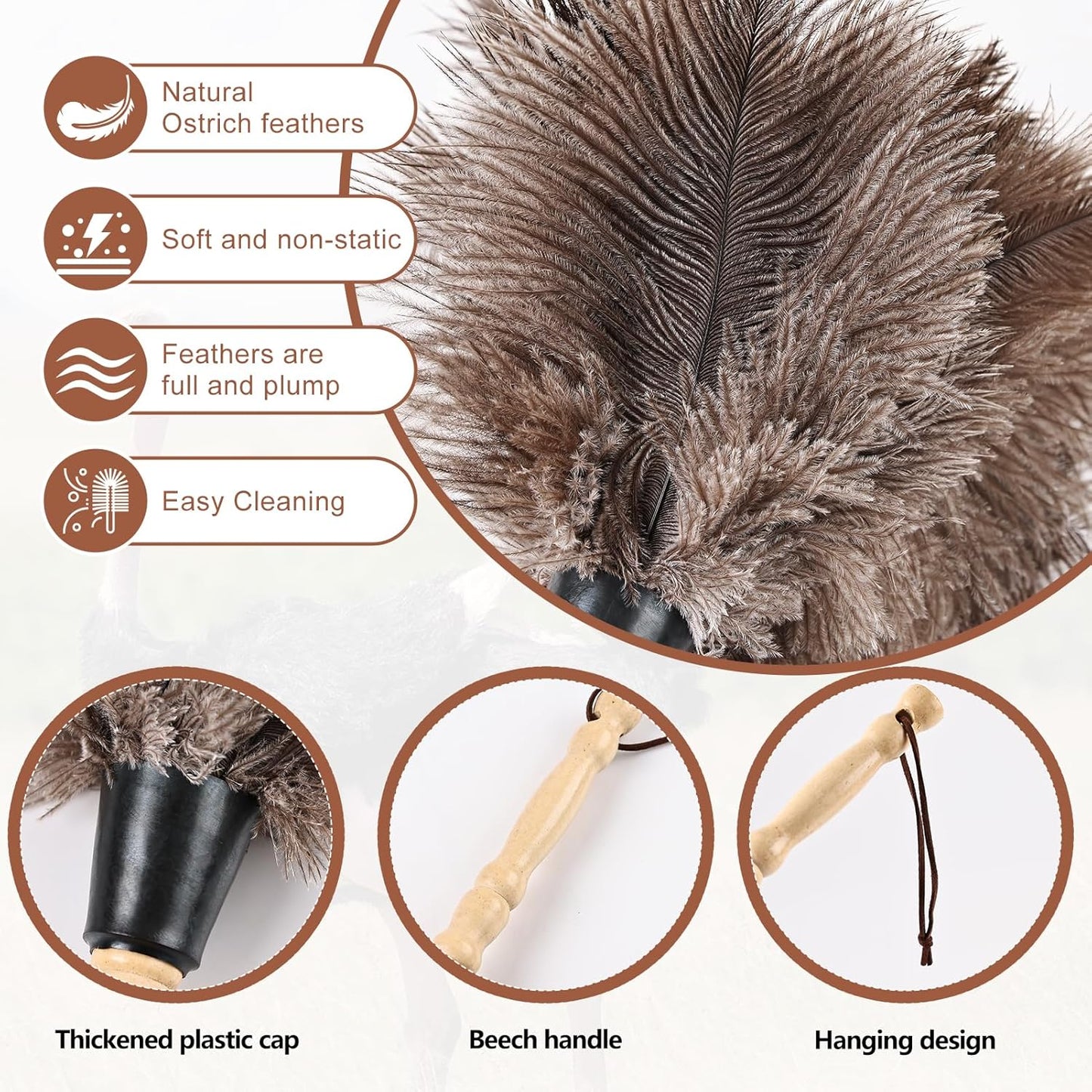 Ostrich Feather Duster 14" Natural Handheld Reusable Feathers Dusters with Wooden Handle for